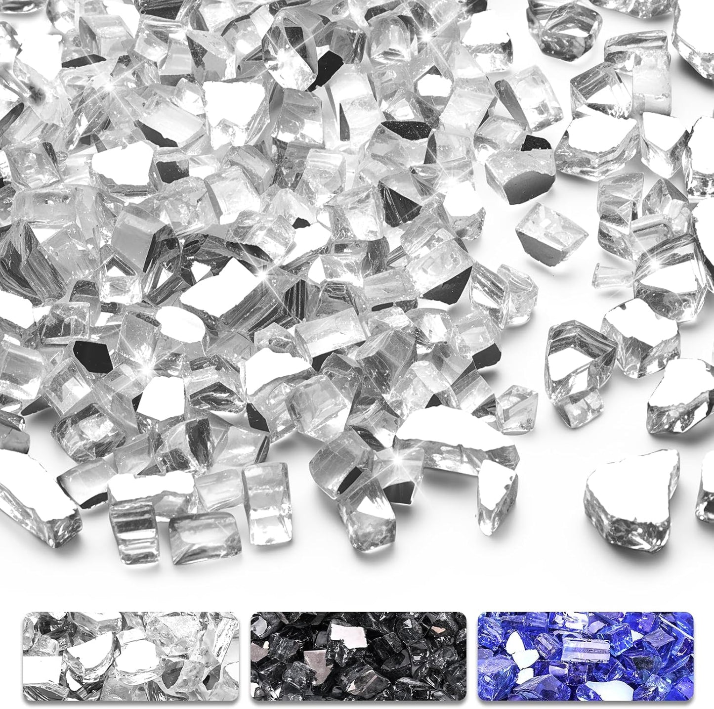 DomeStar 10LB Fire Glass for Fire Pit, High Luster Reflective Tempered Glass Rocks for Natural or Propane Fireplace Outdoors Indoors Silver