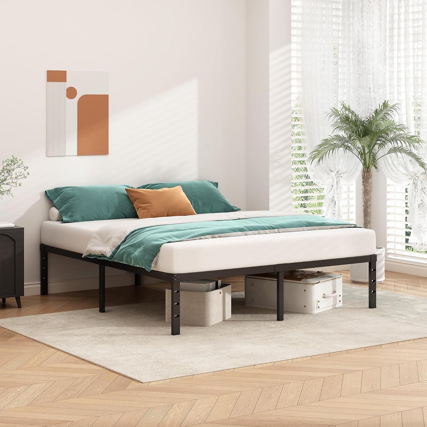 Metal Platform Bed Frame 14 Inch Tall,No Box Spring Needed,Queen Size Bed with Heavy Duty Strong Support Slats,Easy to Assemble,Black - Retail $50