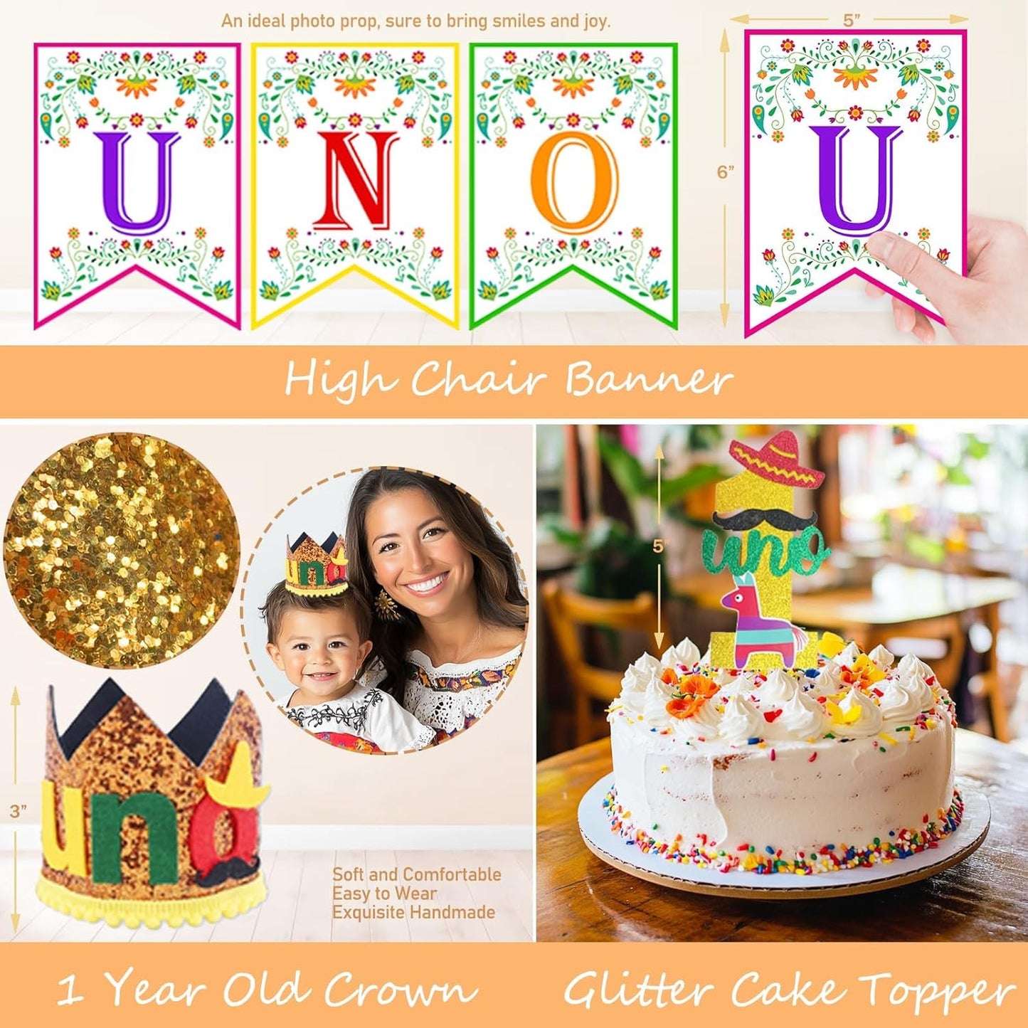 First Fiesta Birthday Decorations, Mexican Themed 1st Birthday Party Decorations, Cinco De Mayo Backdrop Balloon Garland Monthly Photo Uno Highchair Banner Box Cake Topper Crown Poster