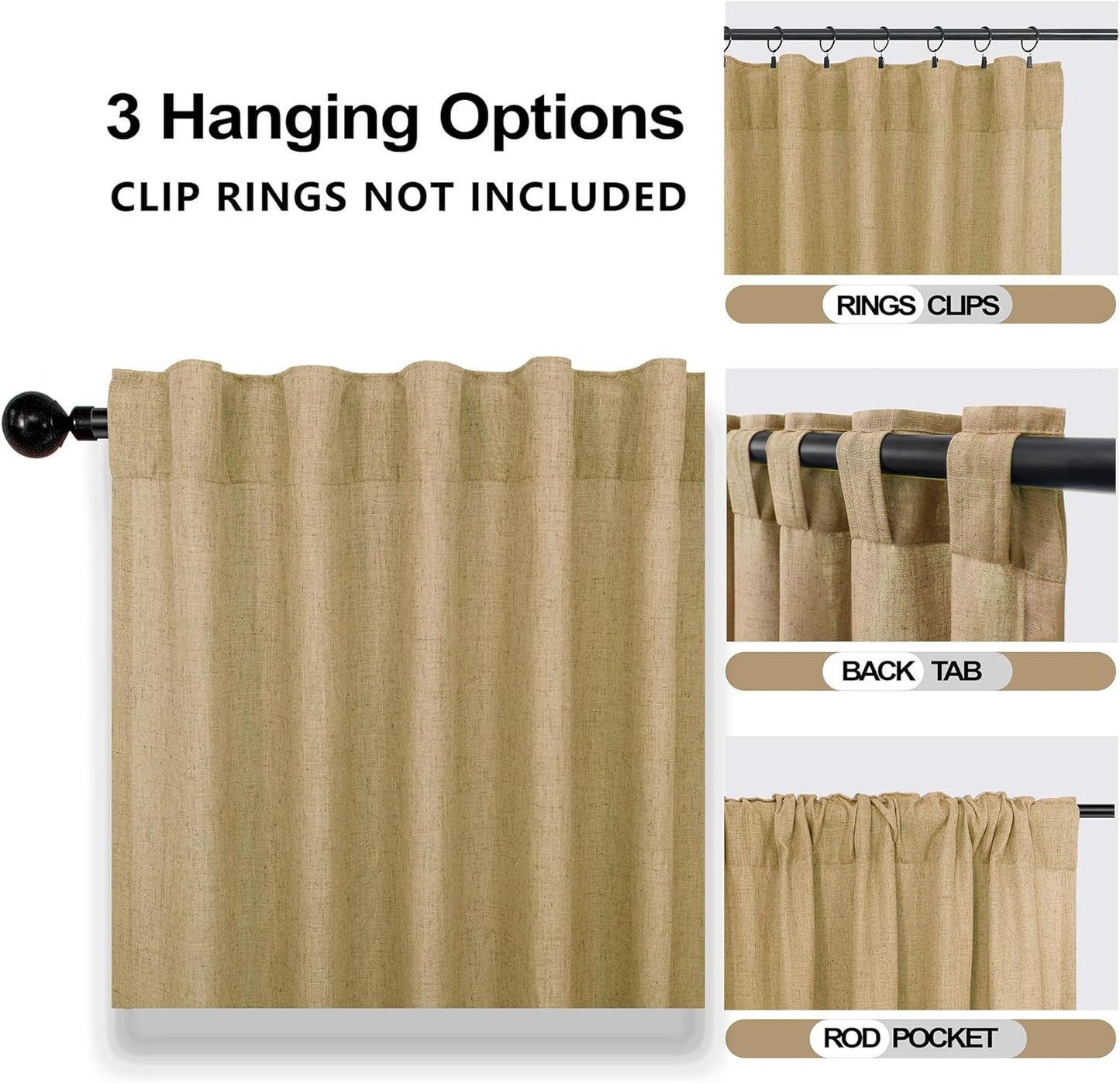 Mrs.Naturall Tan Back Tab Linen Blend Sheer Curtains for Bedroom 52x108 Inches Long