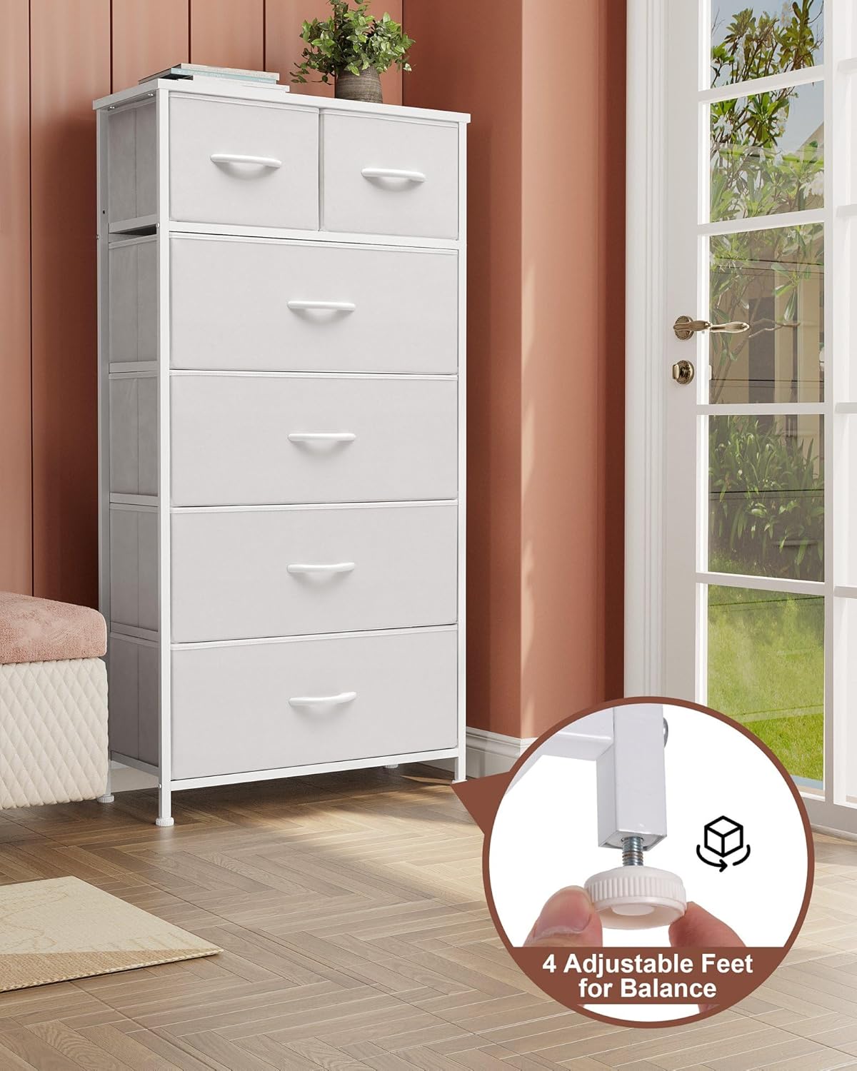 Crestlive Products Tall Dresser for Bedroom Vertical Skinny Dresser - Sturdy Steel Frame, Wood Top, Easy Pull Fabric Bins- Organizer Unit for Bedroom, Entryway, Closets - 6 Drawers (White)
