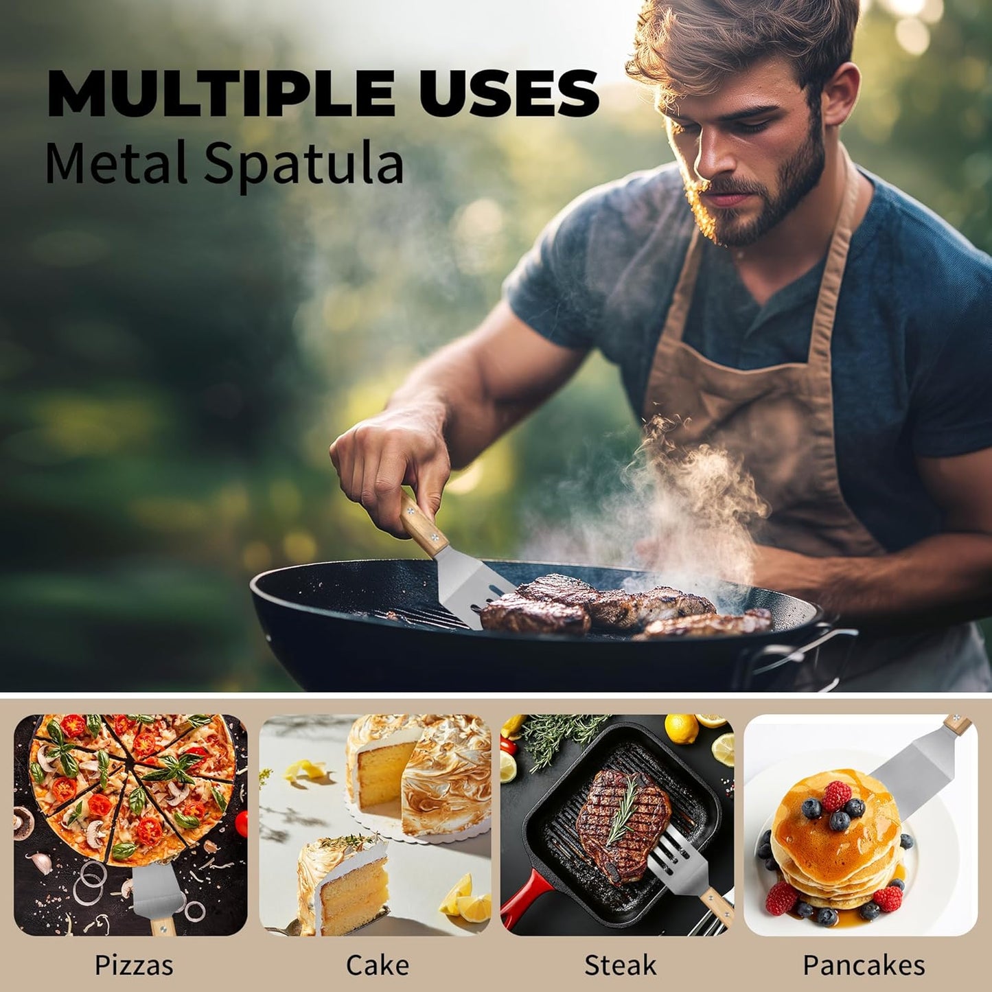 3 Pieces Stainless Steel Spatula Set, Metal Spatula for Cooking with Wooden Handle, Metal Spatulas for kitchen use