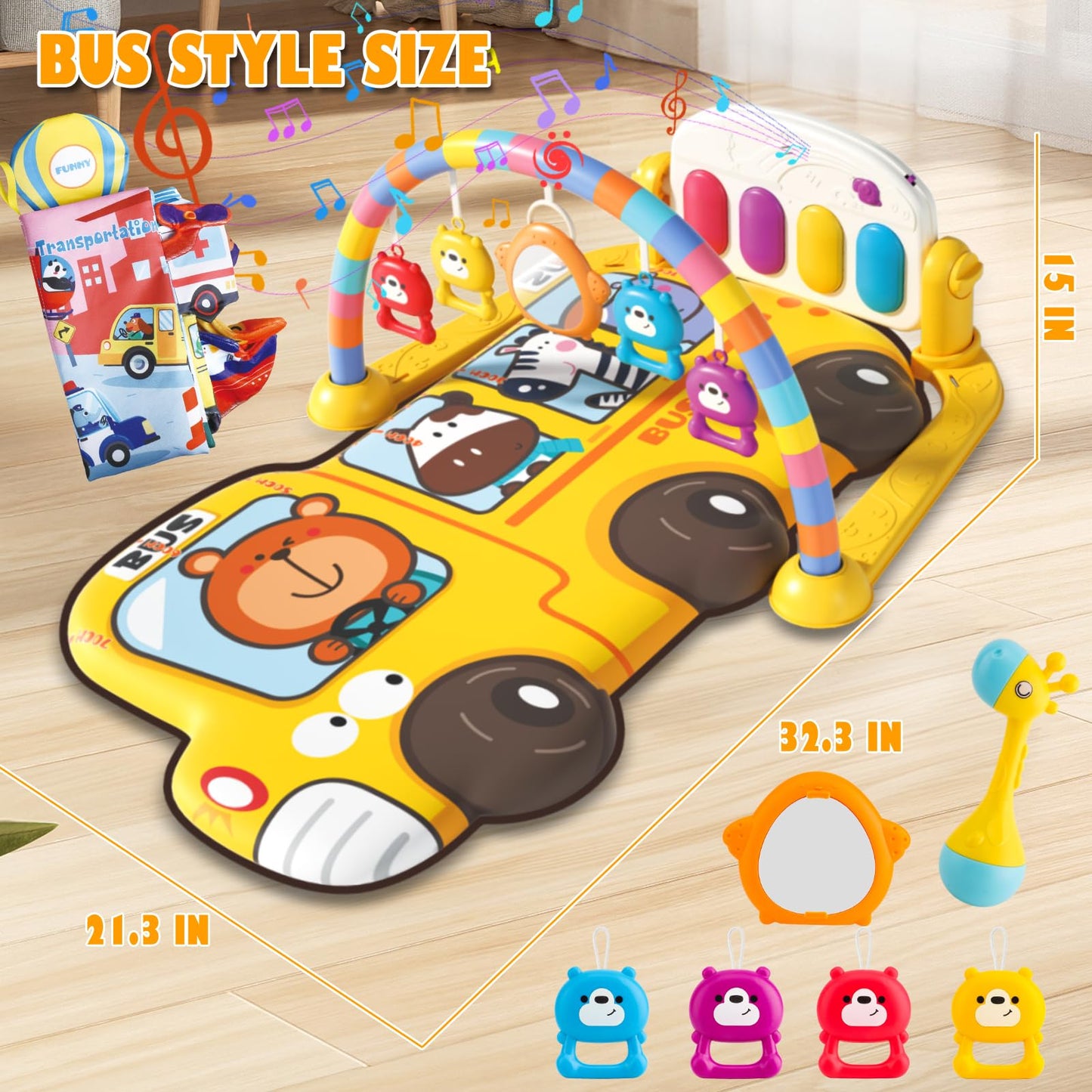 Cartoon Bus Theme Baby Piano mat Kick and Play Gym playmat,Baby Play mat Tummy time mat Fitness Piano with Music and Lights (Bus Baby Play mat(Yellow))