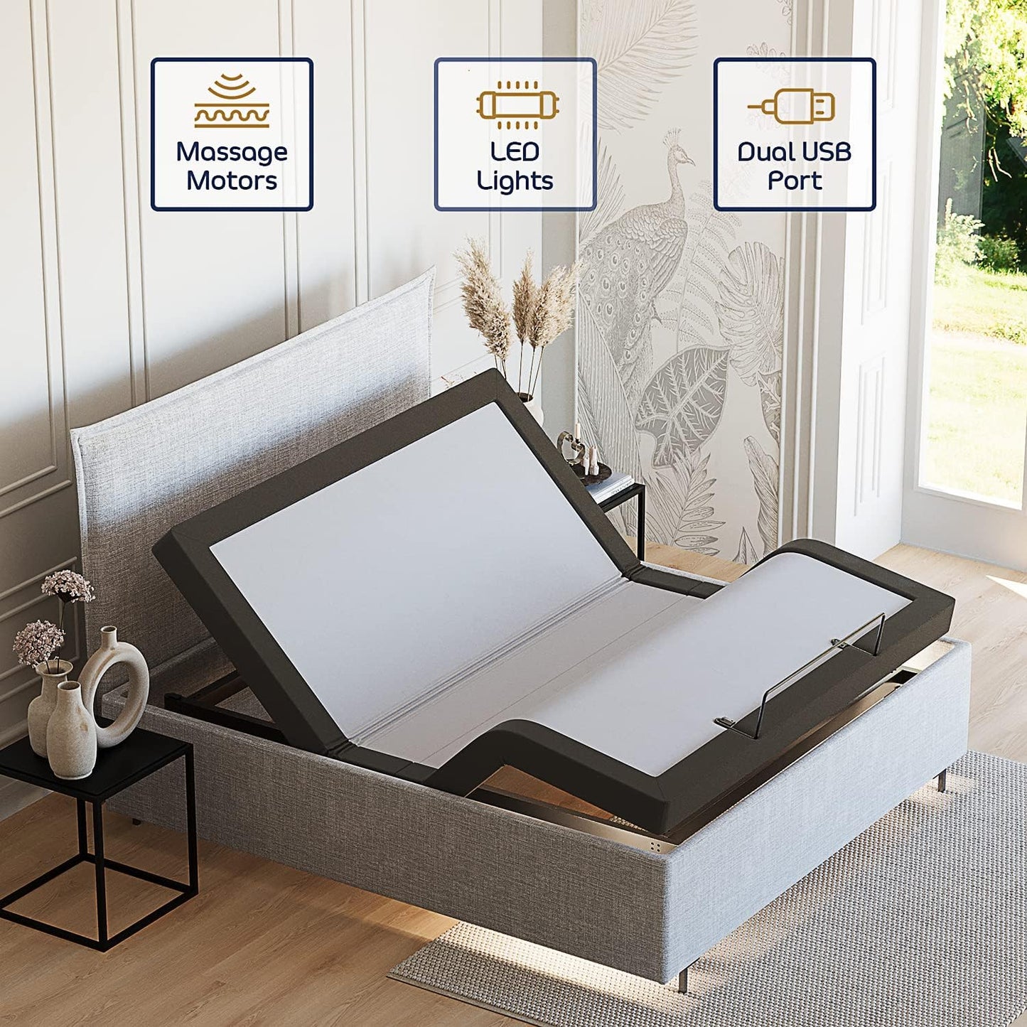 Nestl Adjustable Bed Frame, Adjustable Massage Bed Frame with Wireless Remote, Adjustable Bed Base Head & Foot Massage, Fast & Easy Assembly, USB Ports, LED Light, King Size Bed Frame - Retail $934
