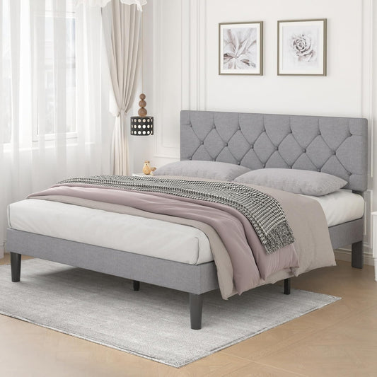 NEW - VECELO Full Size Bed Frame with Button Tufted Headboard, Upholstered Platform Bedframe with Wood Slat Support, No Box Spring Needed, Smoky Grey - Retail $160