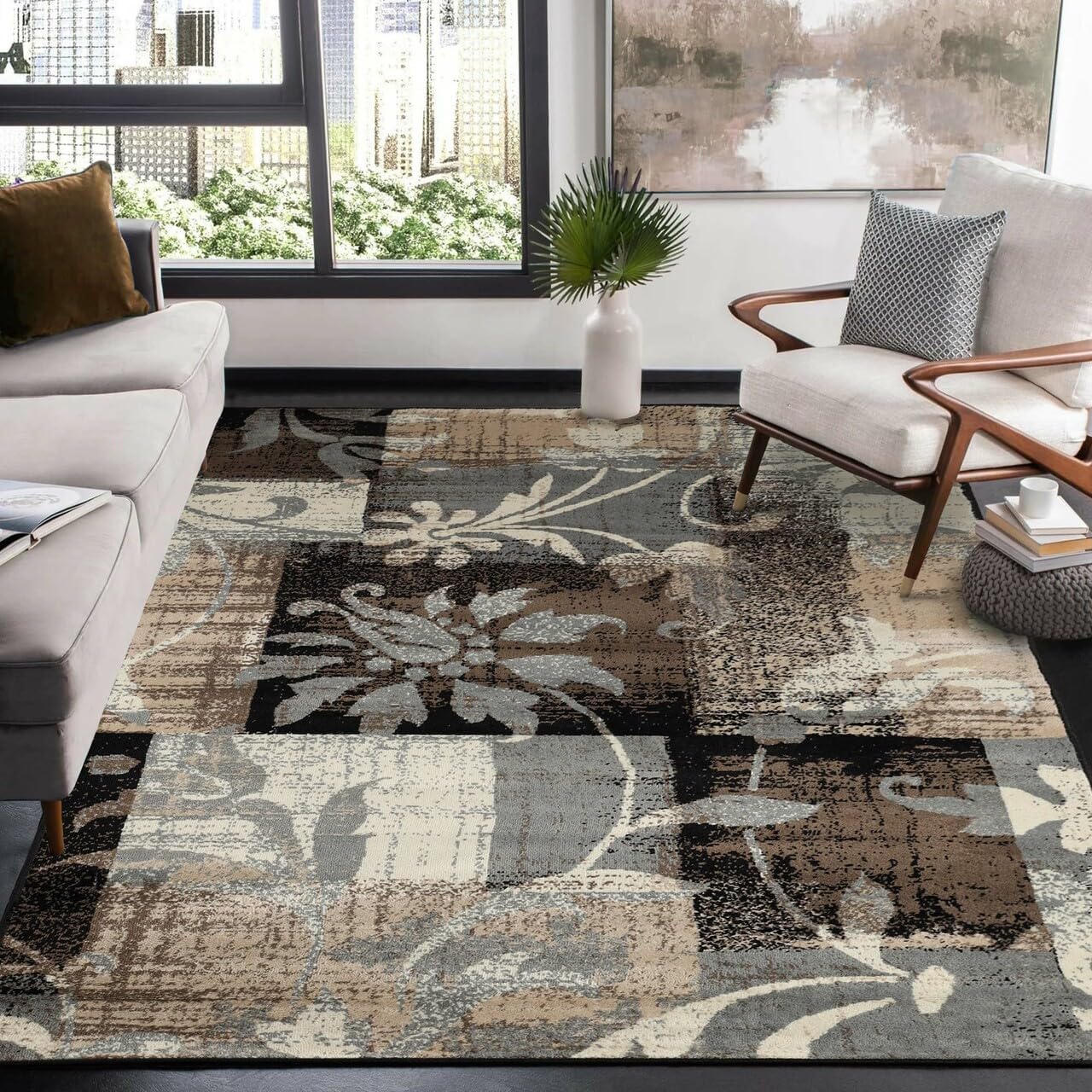 NEW - Superior Indoor Area Rug, Jute Backed, Perfect for Entryway, Office, Living/Dining Room, Bedroom, Kitchen, Floor, Modern Floral Patchwork Decor, Pastiche Collection, 8' x 10', Beige - Retail $90