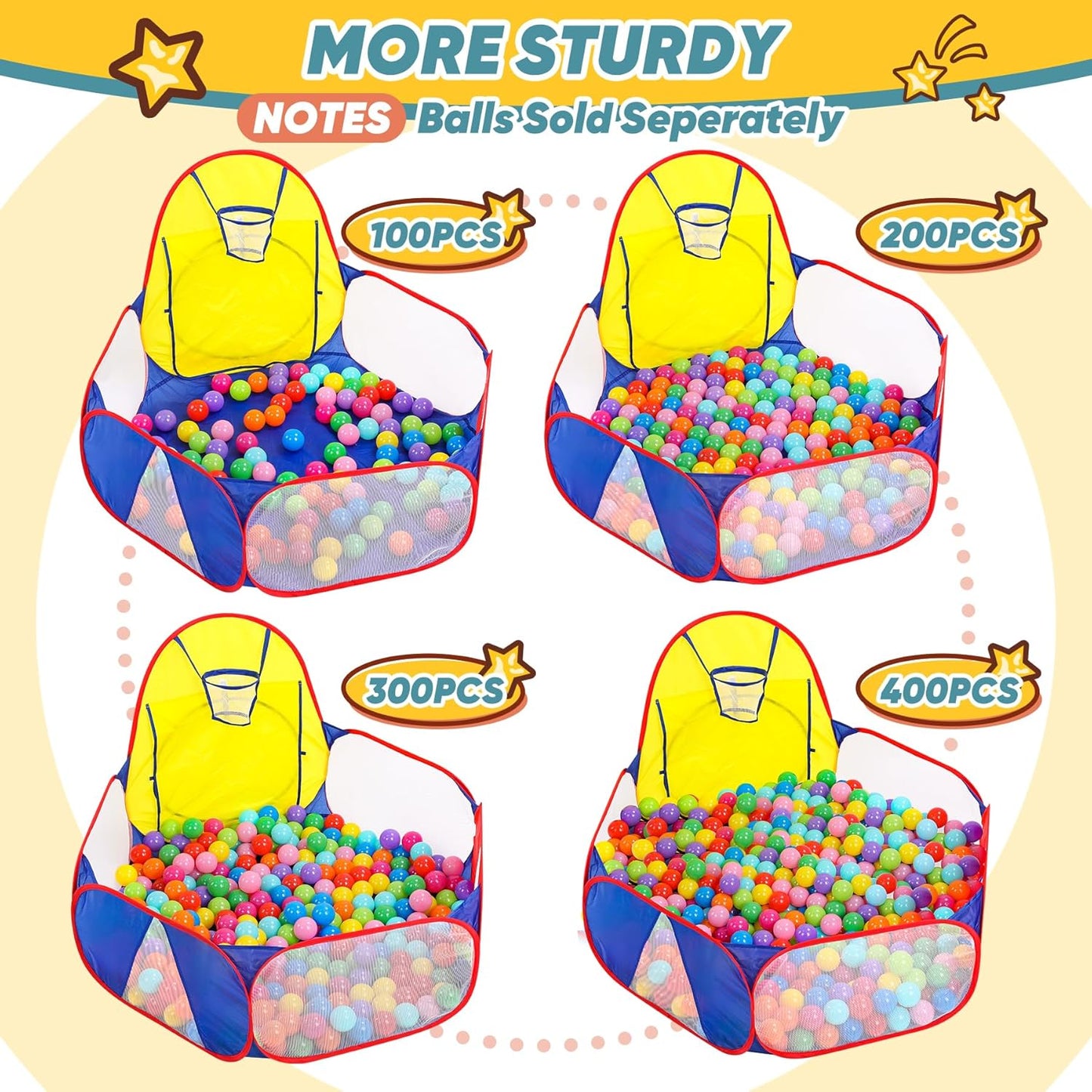 Playpen with Basketball Hoop and Zipper Storage Bag, 4 Ft/120CM, Balls Not Included (Blue Yellow Red)