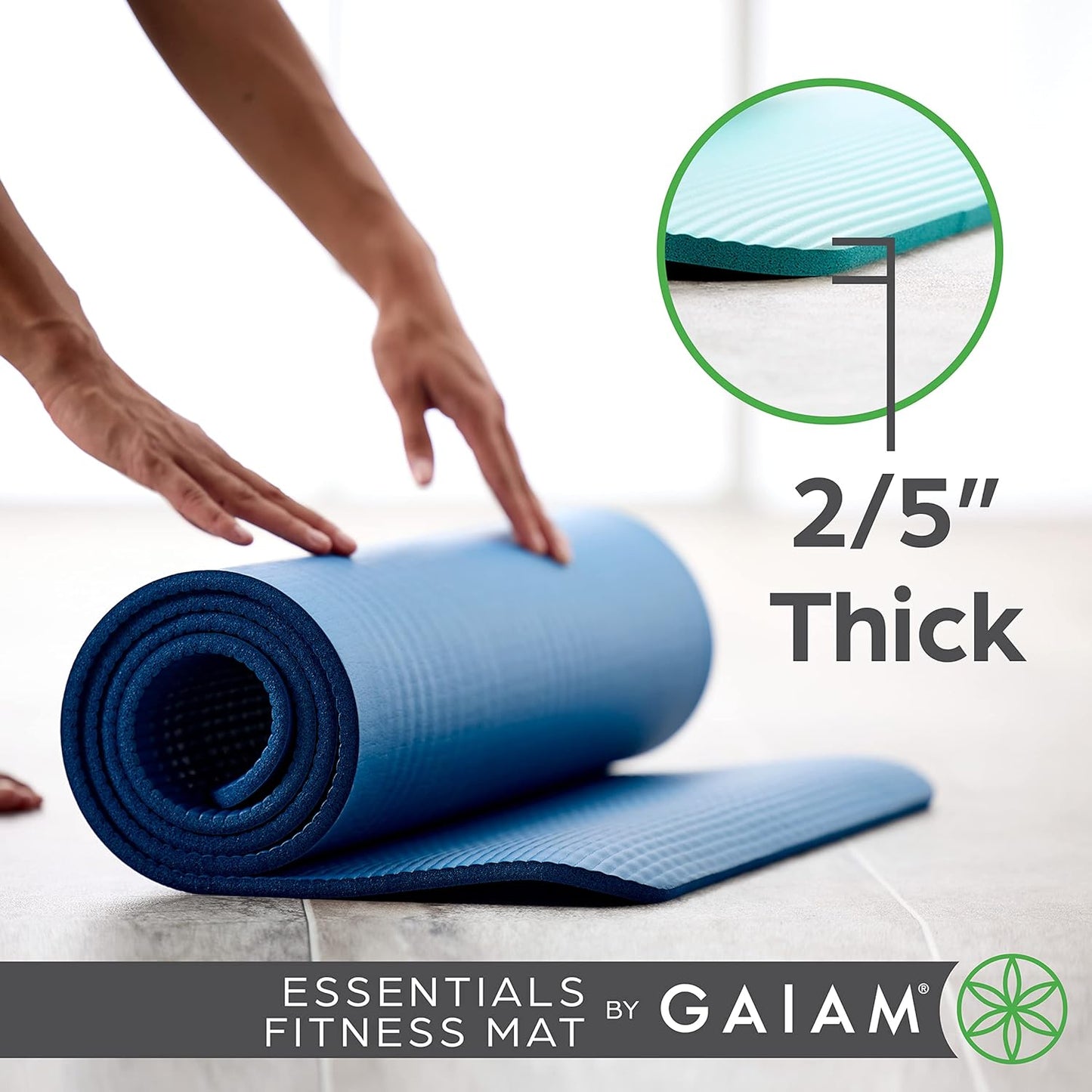 NEW - Gaiam Essentials Thick Yoga Mat Fitness & Exercise Mat With Easy-Cinch Carrier Strap, Teal, 72"L X 24"W X 2/5 Inch Thick - Retail $21
