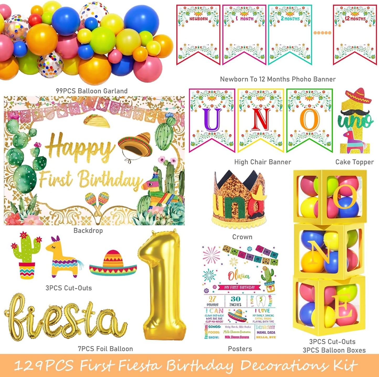First Fiesta Birthday Decorations, Mexican Themed 1st Birthday Party Decorations, Cinco De Mayo Backdrop Balloon Garland Monthly Photo Uno Highchair Banner Box Cake Topper Crown Poster