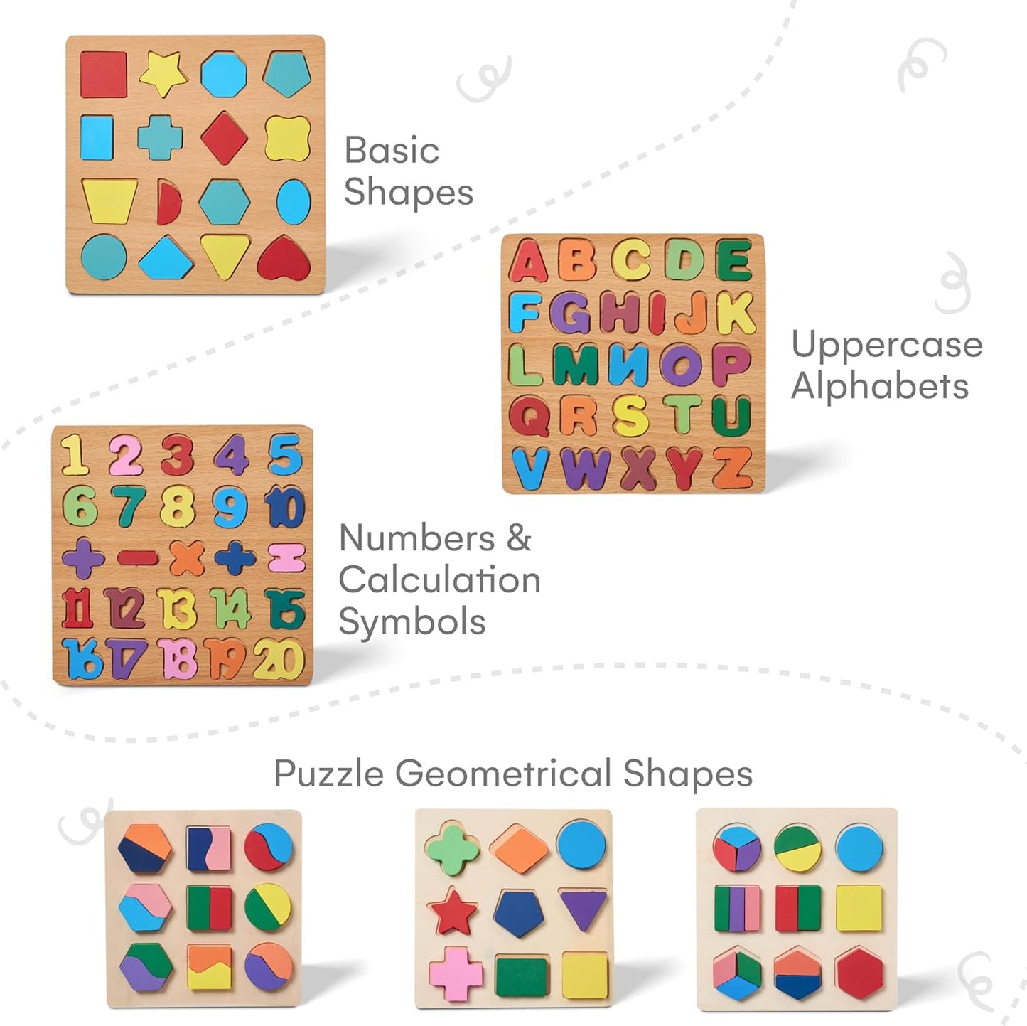 Wooden Number Alphabet Blocks (6 Pc) - Multicolor, Safe Pre-School Child Puzzles, Real Wood (3+ Age)