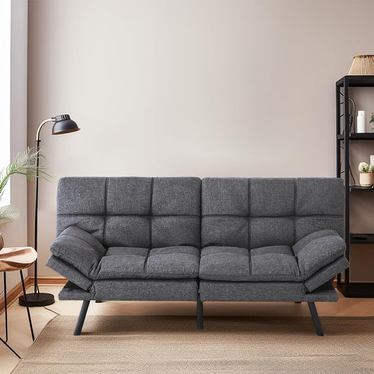 NEW - MUUEGM Futon Sofa Bed, Memory Foam Futon Sleeper Sofa Convertible Couch Fabric 71 Inch Futons with ArmRest, Metal Legs, Living Room Small & Compact Spaces, Easy Assemblyï¼ŒGrey - Retail $284