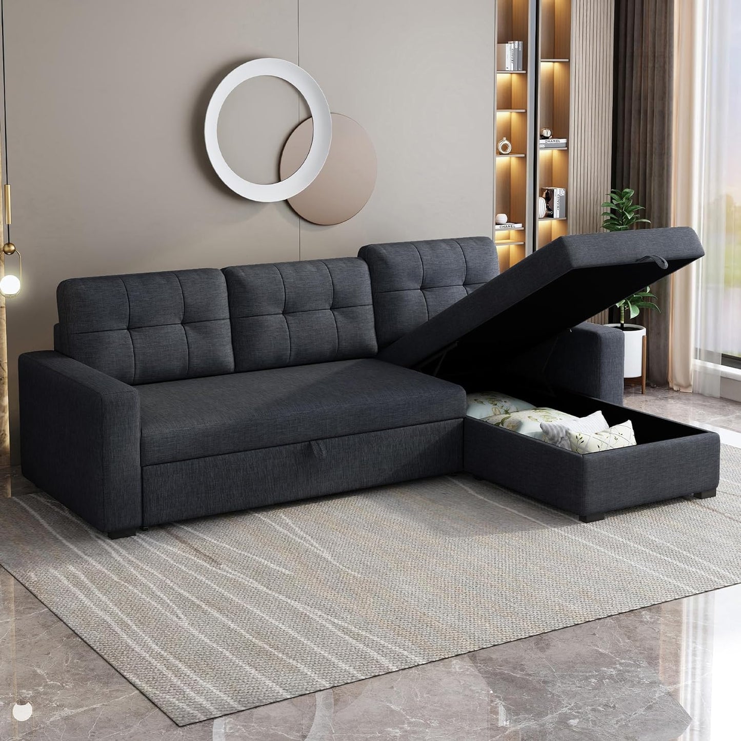 NEW - ACQCA Dark Grey 81.in Sectional Sleeper Sofa with Storage Chaise, L Shaped Pull Out Couch Bed with 3 Removable Back Cushion for Living Room,Apartment,Office,Dark Grey - Retail $443