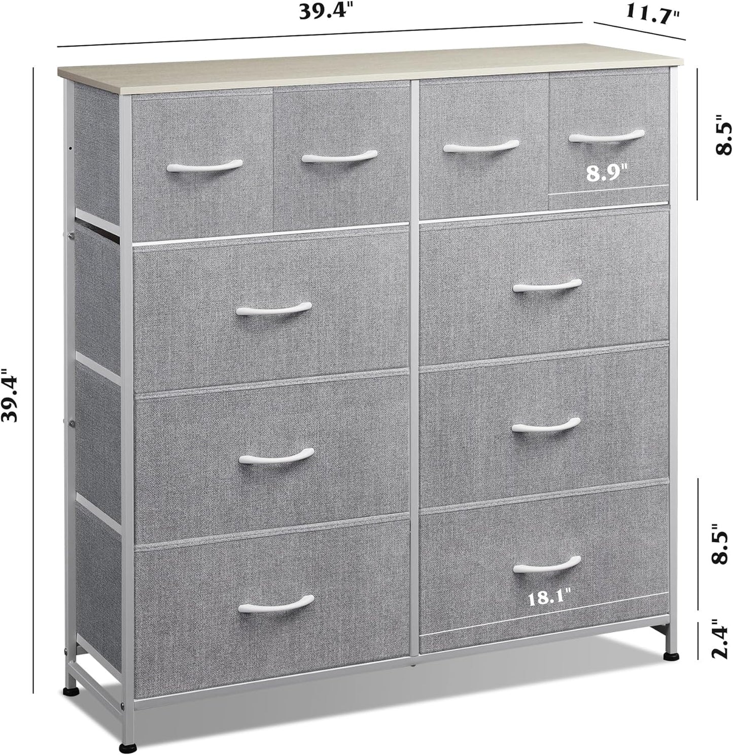 WLIVE Fabric Dresser for Bedroom, Dresser with 10 Drawers, Storage Tower with Fabric Bins, Double Dressers, Chest of Drawers for Closet, Living Room, Hallway, Light Grey - Retail $80