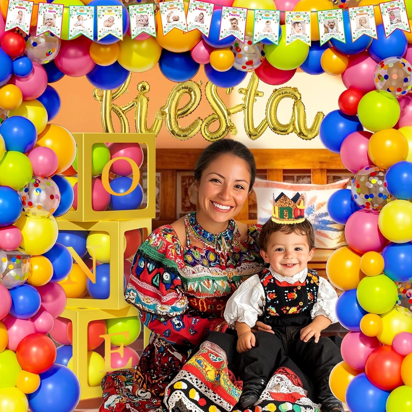 First Fiesta Birthday Decorations, Mexican Themed 1st Birthday Party Decorations, Cinco De Mayo Backdrop Balloon Garland Monthly Photo Uno Highchair Banner Box Cake Topper Crown Poster