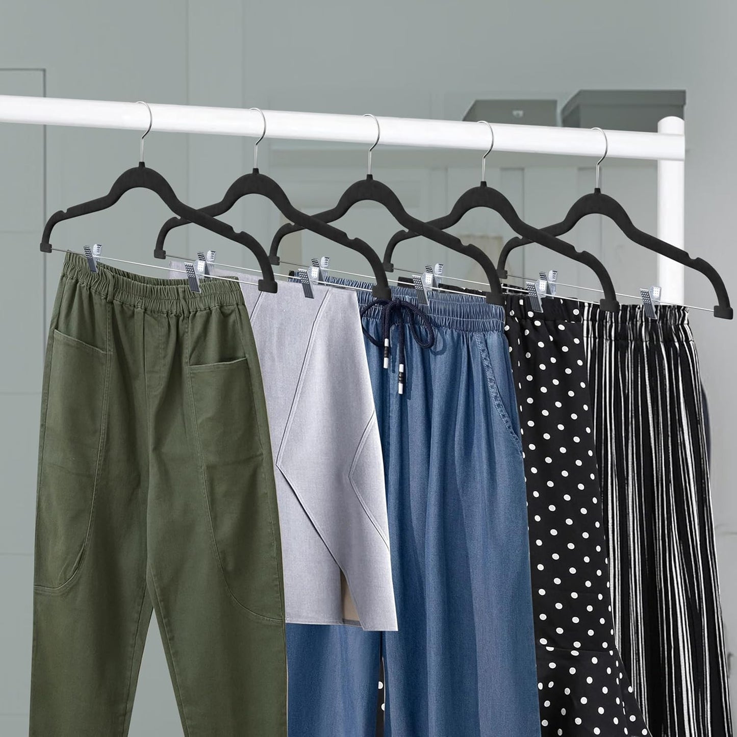 Lifemaster Velvet Skirt Hangers – with Adjustable Clips, 360 Degree Swivel Hook, and Non-Slip Shoulder Notch, Holds Up to 10 lbs, for Organizing Skirt, Pants, Dress, and Clothes, Pack of 30, Black