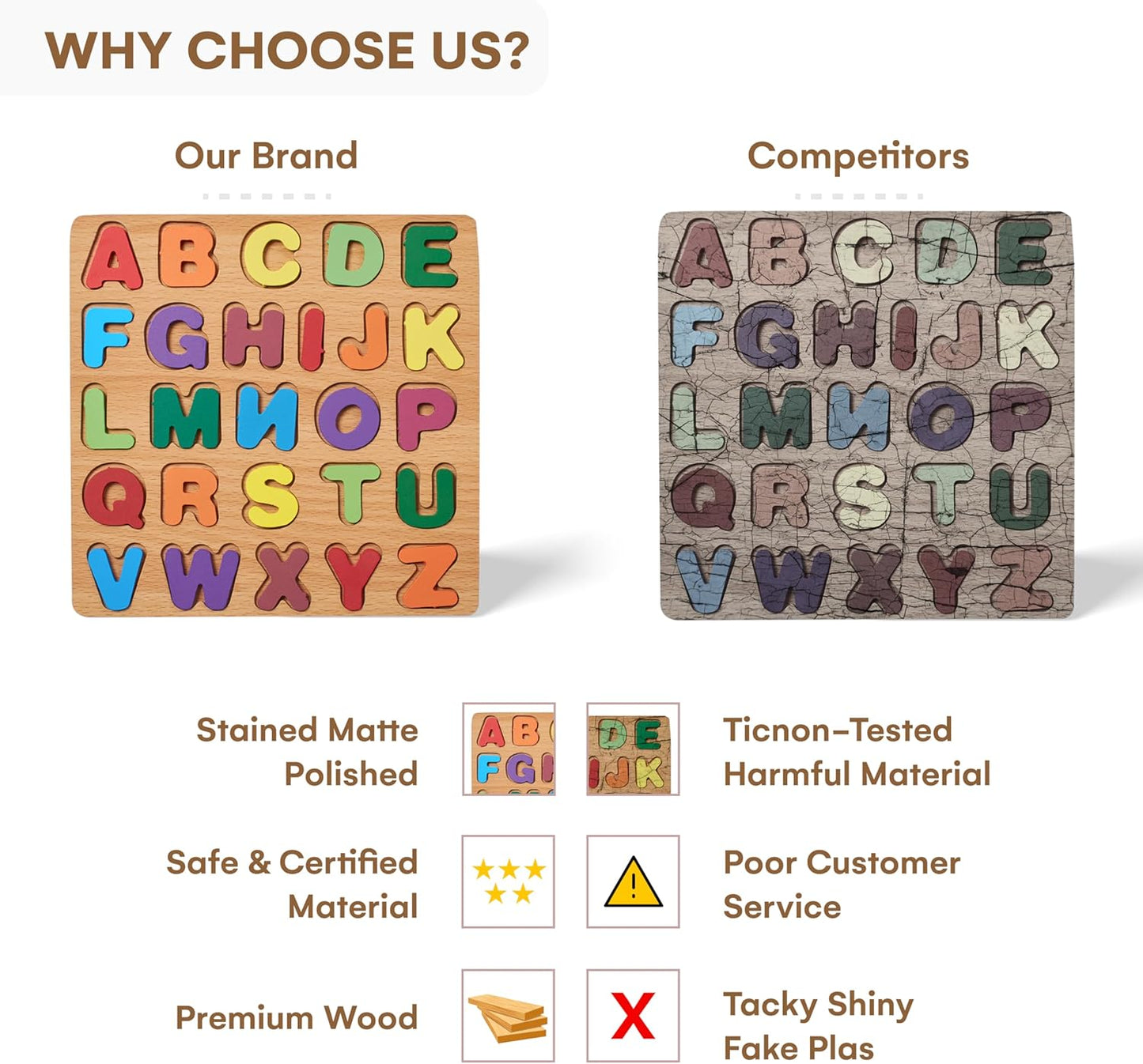 Wooden Number Alphabet Blocks (6 Pc) - Multicolor, Safe Pre-School Child Puzzles, Real Wood (3+ Age)