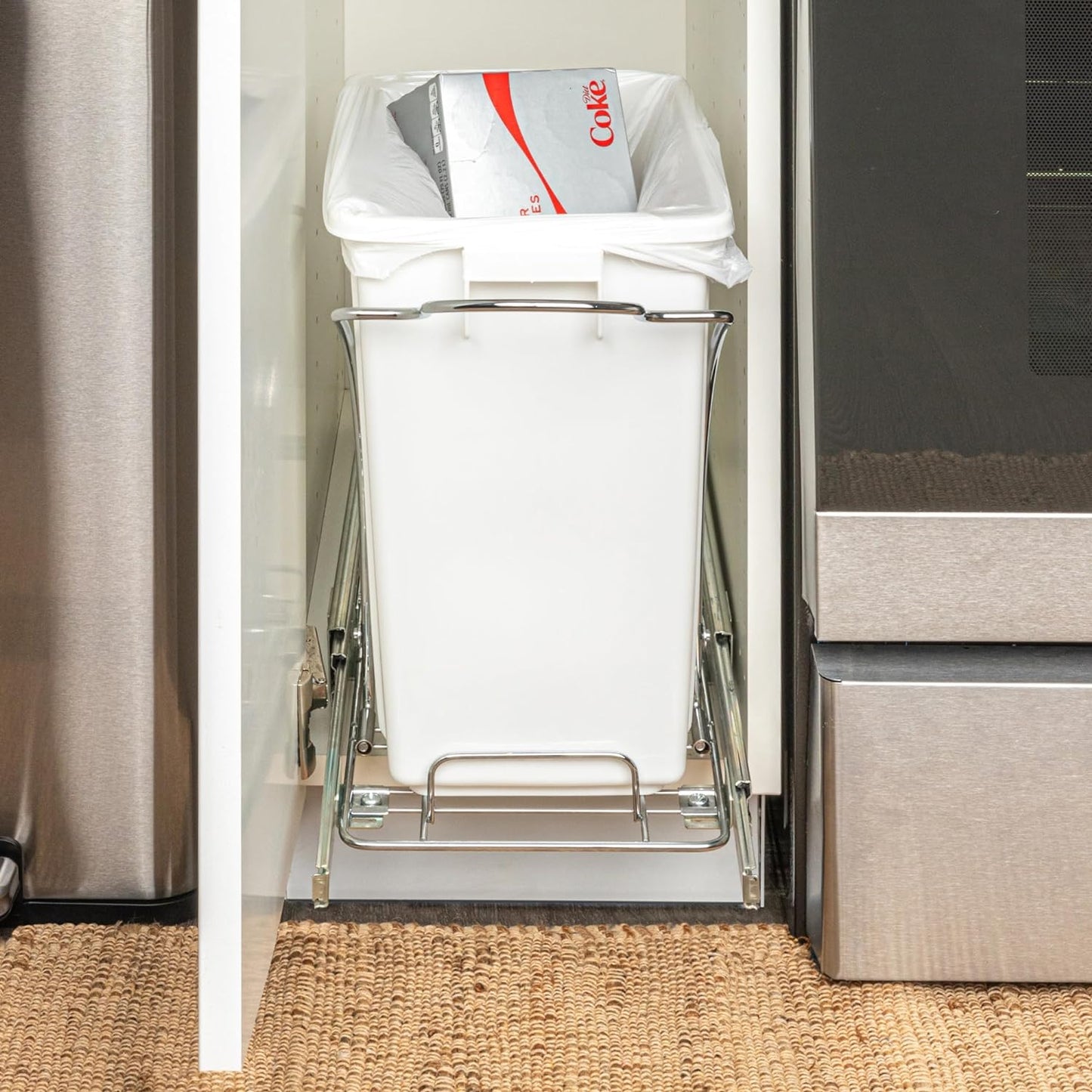 NEW - Household Essentials Glidez Chrome-Plated Steel Pull-Out/Slide-Out Discreet Single 5 Gallon Plastic Trash Can for Under Cabinet Use - Fits Standard Size Cabinet, Chrome and White - Retail $53