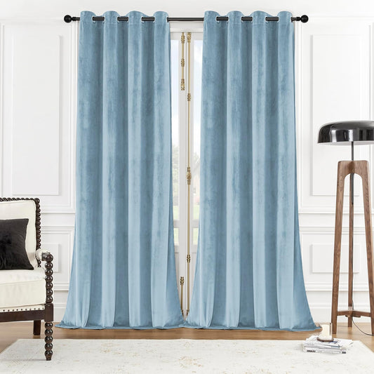 SNITIE Sky Blue 96in Long Velvet Curtains with Grommet, Super Soft Noise Reducing Thick Light Filtering Velvet Drapes for Living Room and Bedroom, Set of 2 Panels, 52 x 96 Inch Long