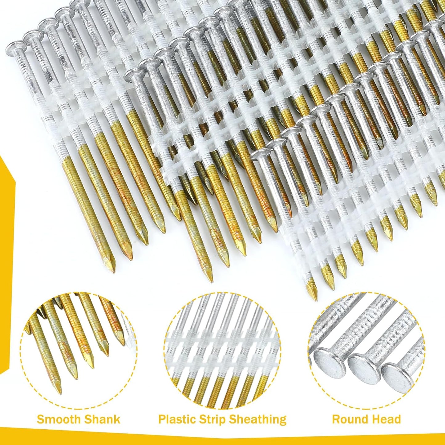 Therwen 1500 Count 21 Degree Framing Nails Ring Shank Nails for Use in All Pressure Treated Lumber, Flat D Head, Galvanized, Plastic Row Fixed (2" 2-1/2" 3")