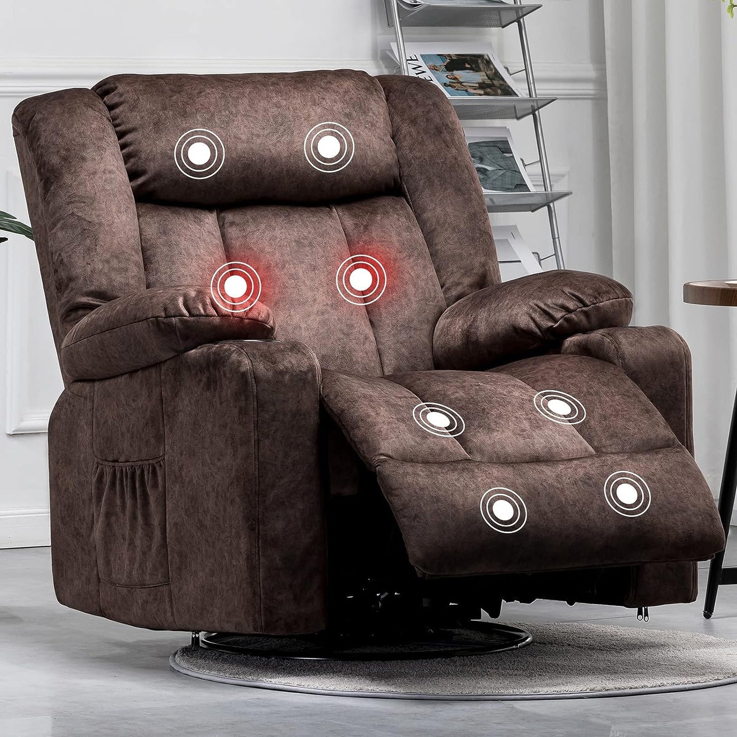 NEW - COMHOMA Recliner Chair Massage Rocker with Heated 360 Degree Swivel Lazy Boy Recliner Single Sofa Seat with Cup Holders for Living Room (brown) - Retail $289