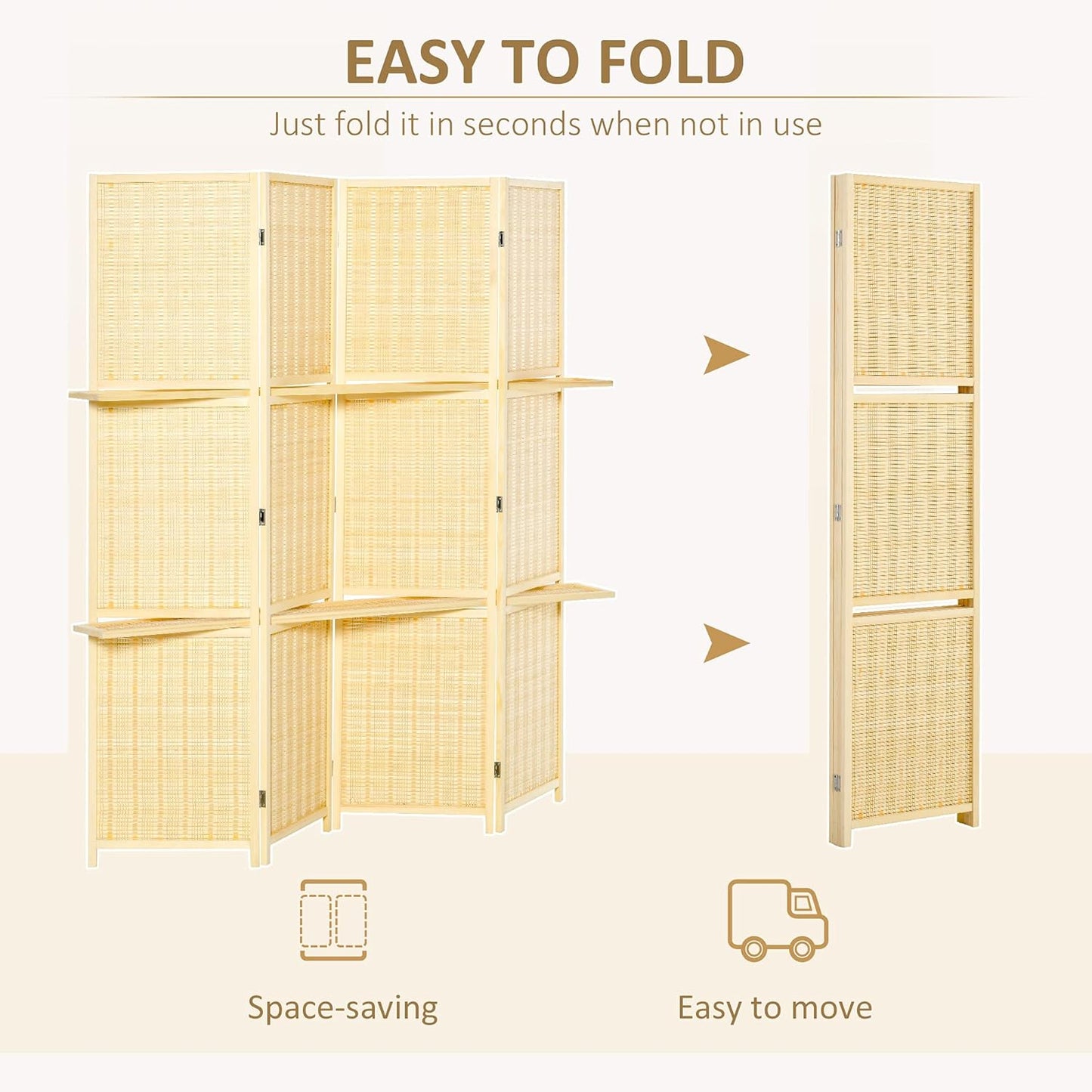 NEW - HOMCOM 4-Panel Bamboo Room Divider, 6 Ft Folding Privacy Screen with 2 Display Shelves for Bedroom and Office, Natural - Retail $111
