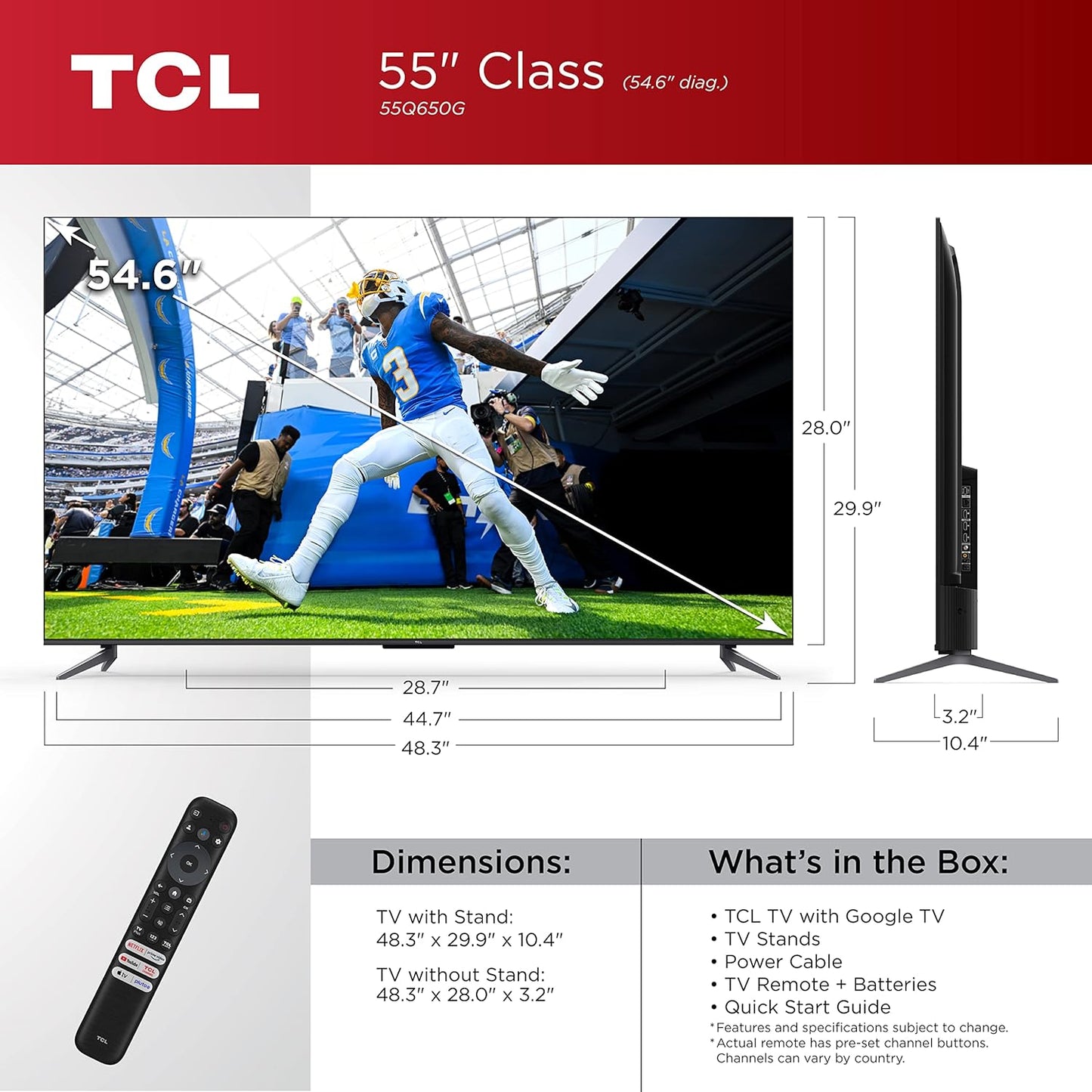 NEW - TCL 55-Inch Q6 QLED 4K Smart TV with Google (55Q650G, 2023 Model) Dolby Vision, Atmos, HDR Pro+, Game Accelerator Enhanced Gaming, Voice Remote, Works Alexa, Streaming UHD Television - Retail $448