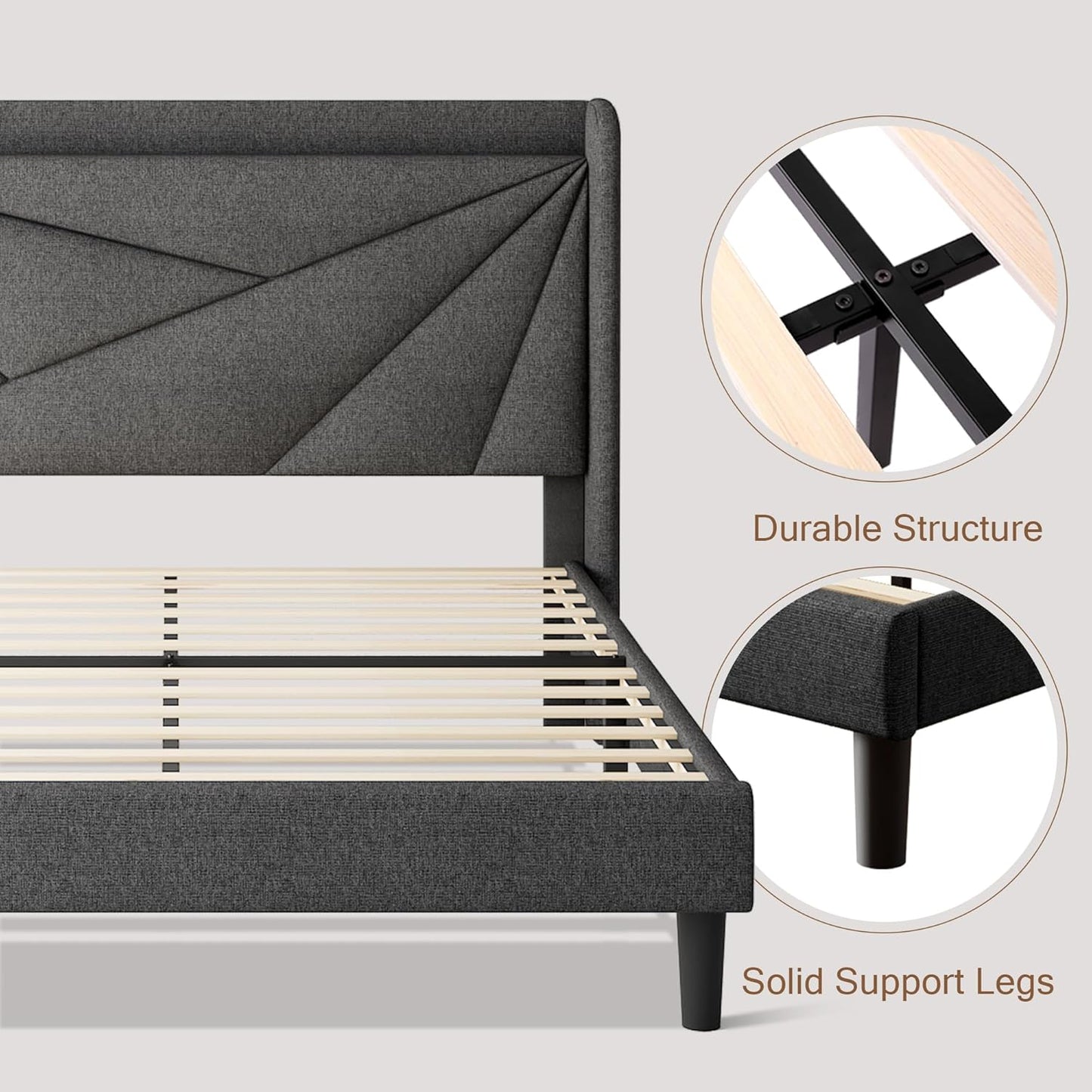 Full Size Upholstered Bed Frame with Charging Station, Platform Bed Frame with Storage Headboard, Solid Wood Slats Support, No Box Spring Needed, Dark Gray