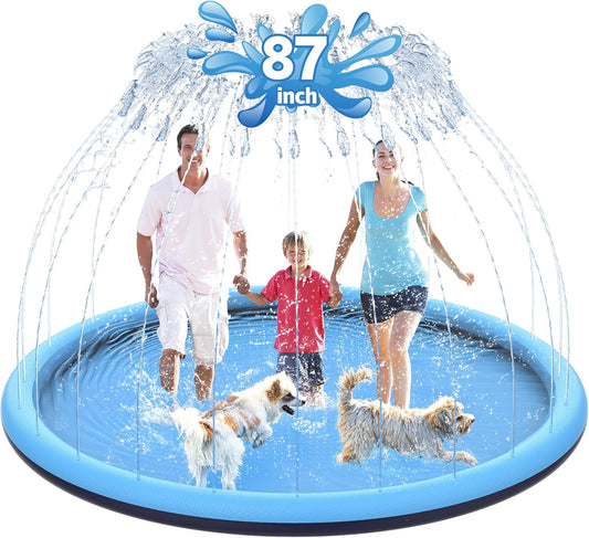 87" Non-Slip Splash Pad for Kids and Dog, Thicken Sprinkler Pool Summer Outdoor Water Toys, Extra Large Backyard Wading Pool for Children Boys & Girls or Pet Dog (Blue)