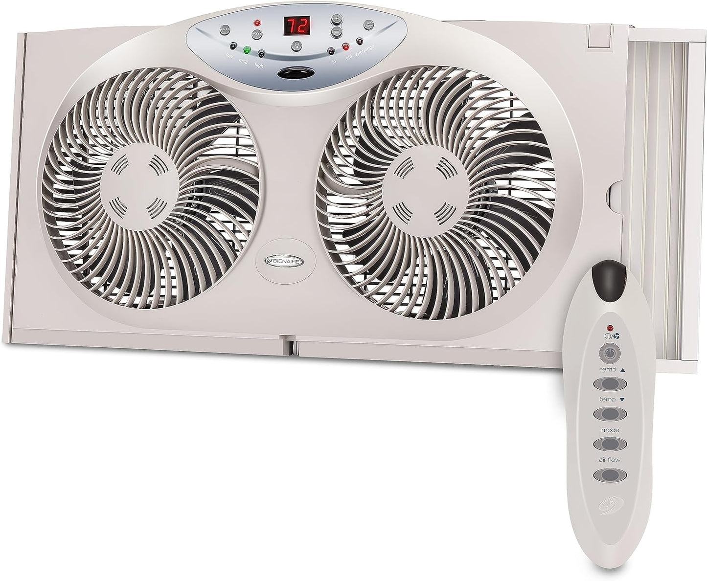 NEW - BIONAIRE Premium Digital 8.5" Twin Window Fan, Reversible Airflow Control, Exhaust and Intake, 3 Speeds, Extender Panels, Programmable Thermostat, LED Temperature Display, Remote Control, Light Grey - Retail $55