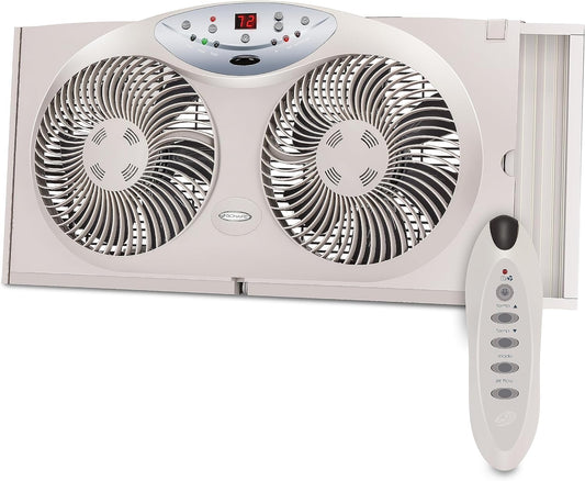 NEW - BIONAIRE Premium Digital 8.5" Twin Window Fan, Reversible Airflow Control, Exhaust and Intake, 3 Speeds, Extender Panels, Programmable Thermostat, LED Temperature Display, Remote Control, Light Grey - Retail $55