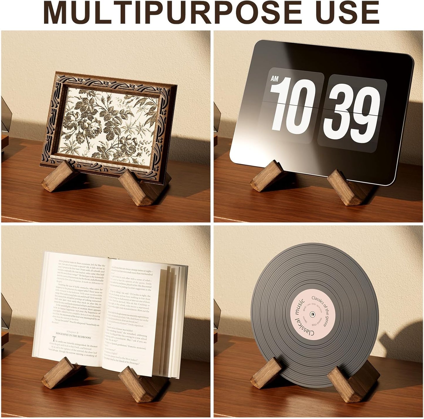 Wooden Plate Stands for Display, Wood Plate Holders for Displaying, Decorative Picture Frame Stand, Easel for Sign, Cookbook, Now Playing Vinyl Record, Recipe Book Holder for Photo, Plaque, Platter