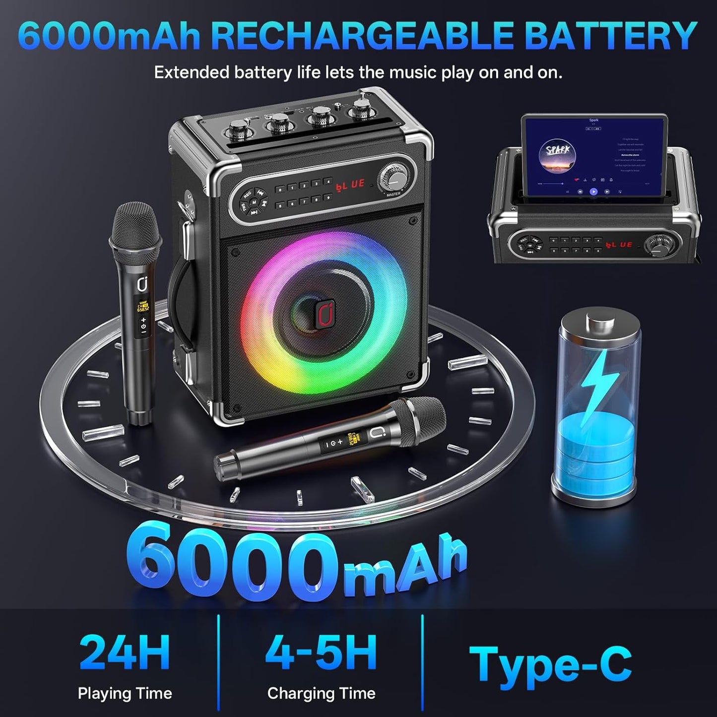 JYX Karaoke Machine, Portable Bluetooth Speaker with 2 Microphones for Adults, PA System with Bass/Treble Adjustment, Supports TF Card/USB, AUX in, FM, REC,TWS for Party-Black