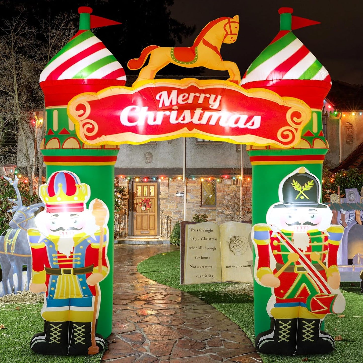 8.2 ft Christmas Inflatable Nutcracker Soldier Yard Decoration Xmas Inflatable Arch Outdoor Decoration with Build in LED Light Blow up Soldier Decor for Christmas Party Lawn Garden Supplies