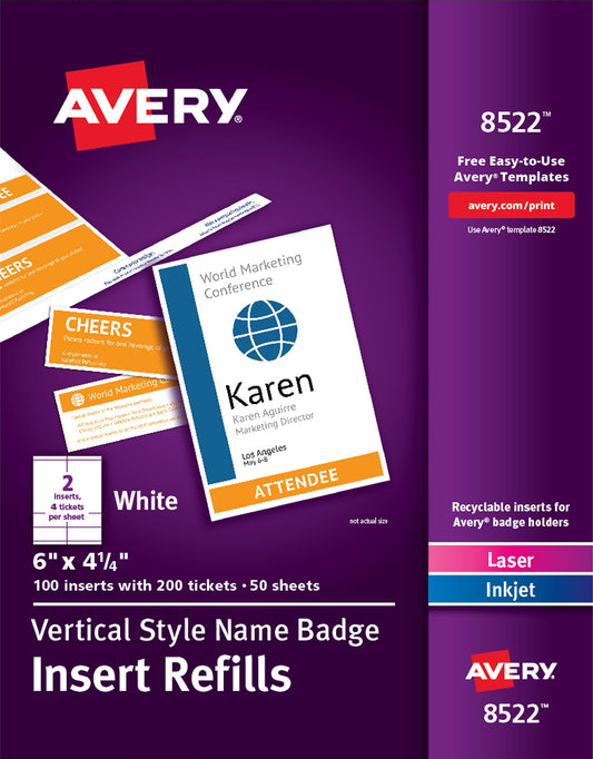 Avery® Customizable Name Badge and Ticket Inserts, 6" x 4.25", White, 100 Printable Name Tag Inserts with Tickets (8522)
