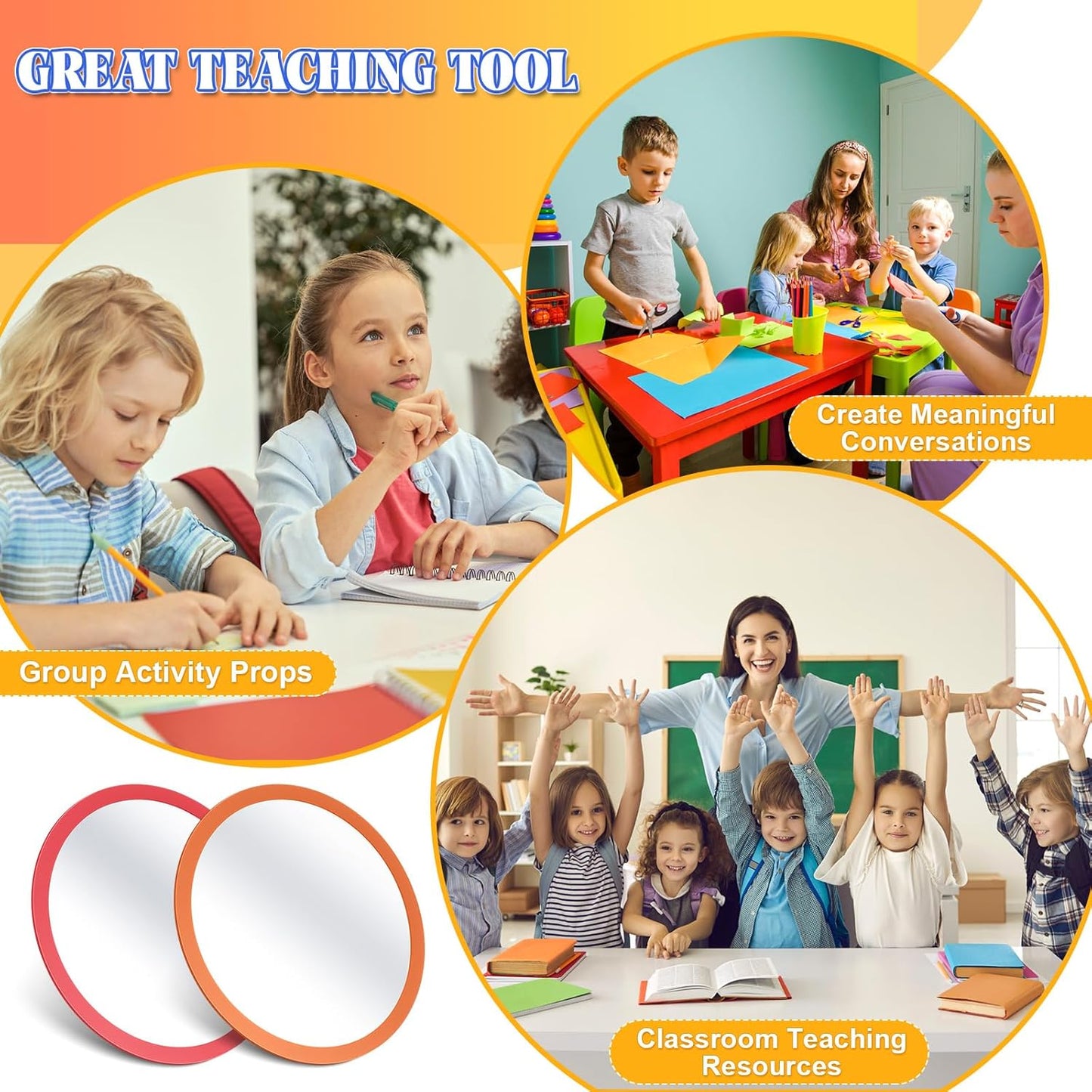 Dandat 30 Pcs Small Mirrors for Kids 6 x 6 Inches Round Unbreakable Shatter Proof Mirror for School Classroom Bathroom DIY Crafts Preschool Facial Expression (Multicolor)