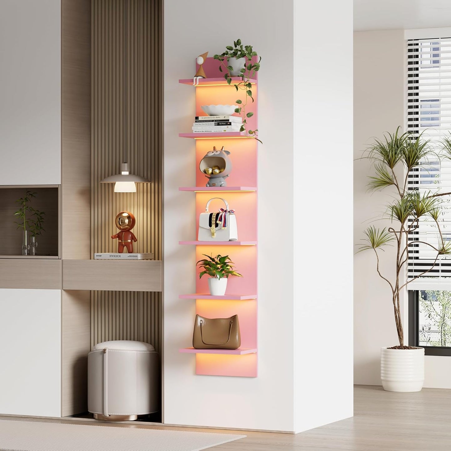 6 Tier Wall Shelf Unit with LED Light, Display Floating Storage Home Decor Organizer Shelves for Bedroom Living Room, Pink