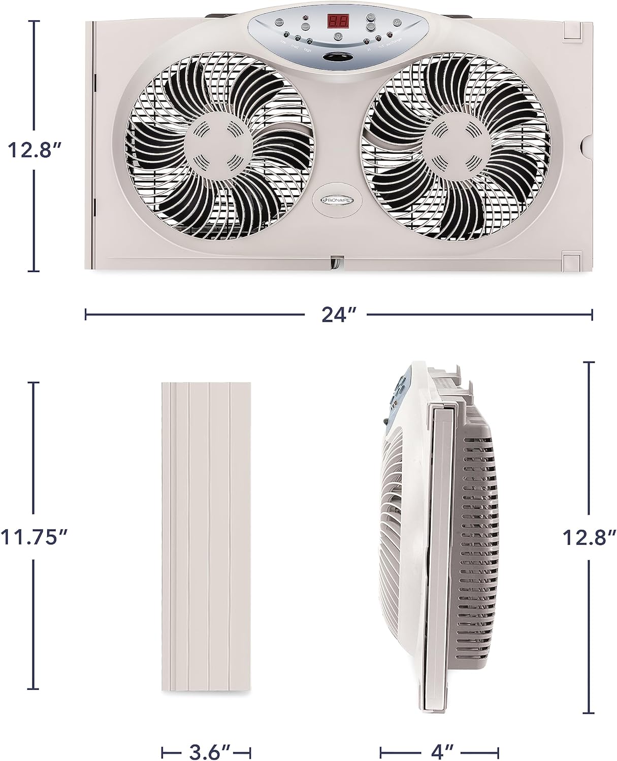 NEW - BIONAIRE Premium Digital 8.5" Twin Window Fan, Reversible Airflow Control, Exhaust and Intake, 3 Speeds, Extender Panels, Programmable Thermostat, LED Temperature Display, Remote Control, Light Grey - Retail $55