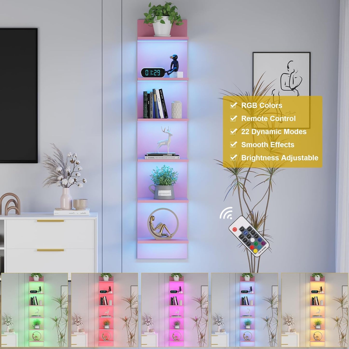 6 Tier Wall Shelf Unit with LED Light, Display Floating Storage Home Decor Organizer Shelves for Bedroom Living Room, Pink