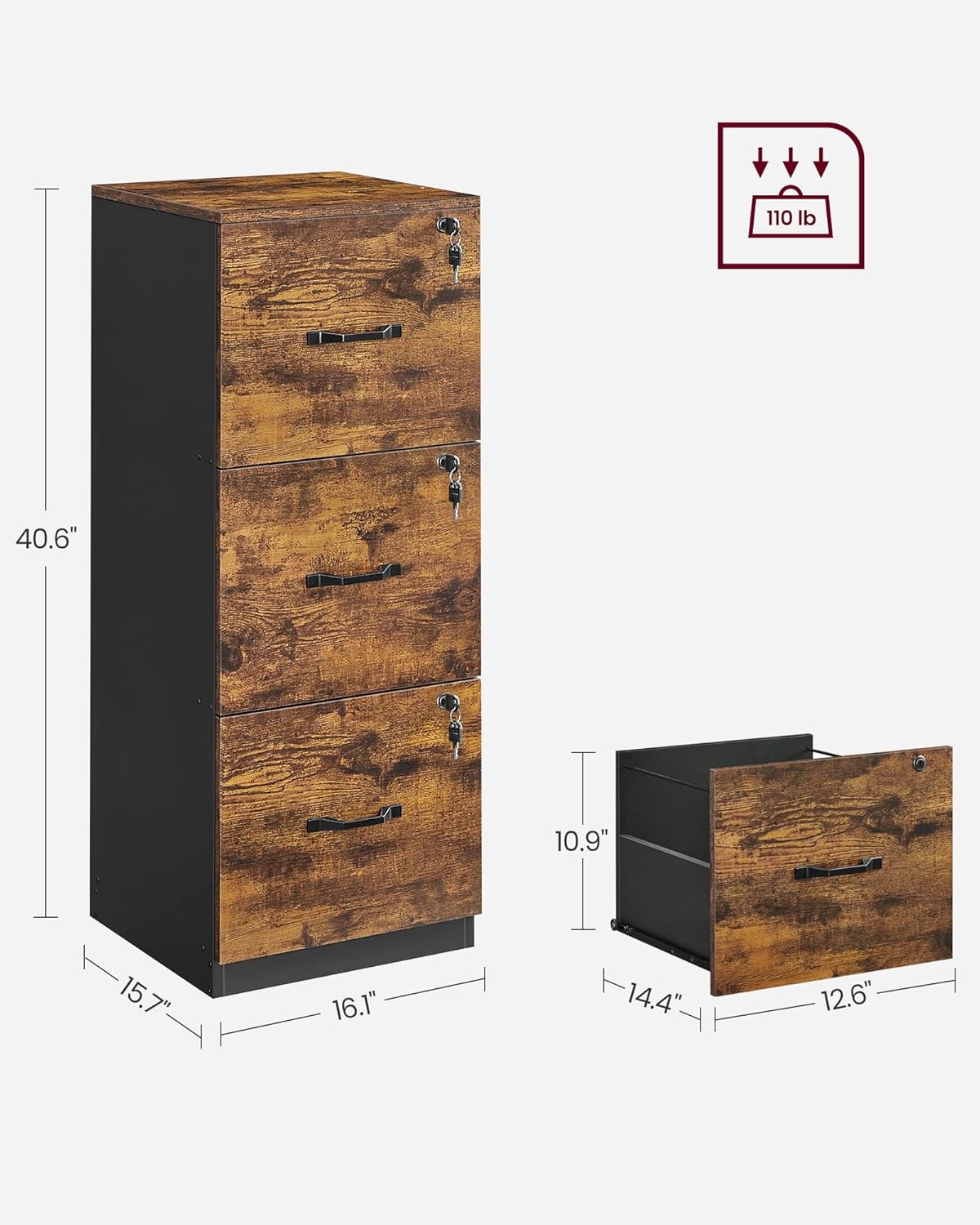 NEW -VASAGLE 3 Drawer File Cabinet, File Cabinet with Lock, Printer Stand, Office Filing Cabinet Organizer, for A4 and Letter Size Files, Rustic Brown and Black UOFC055B01 - Retail $109