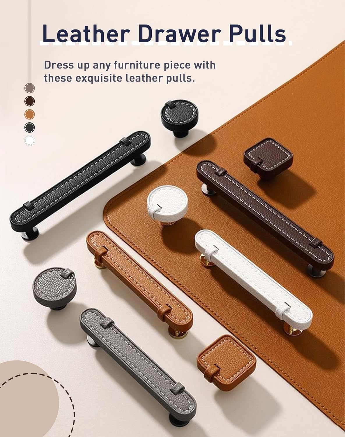 2 Pack Leather Cabinet Handle Pulls 5” Hand-Stitch Brown Leather Drawer Pulls Dresser Handle Pulls for Cabinets Cupboards Dressers Drawers Bedroom Leather Pulls