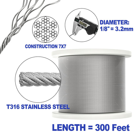 CKE 300FT 1/8" Stainless Steel Cable Railing System Hardware, T316 Stainless Steel Wire Rope Cable for Deck Cable Railing Kits, 7x7 Strands Construction Aircraft Cable Wire Rope, DIY Balustrades CW600