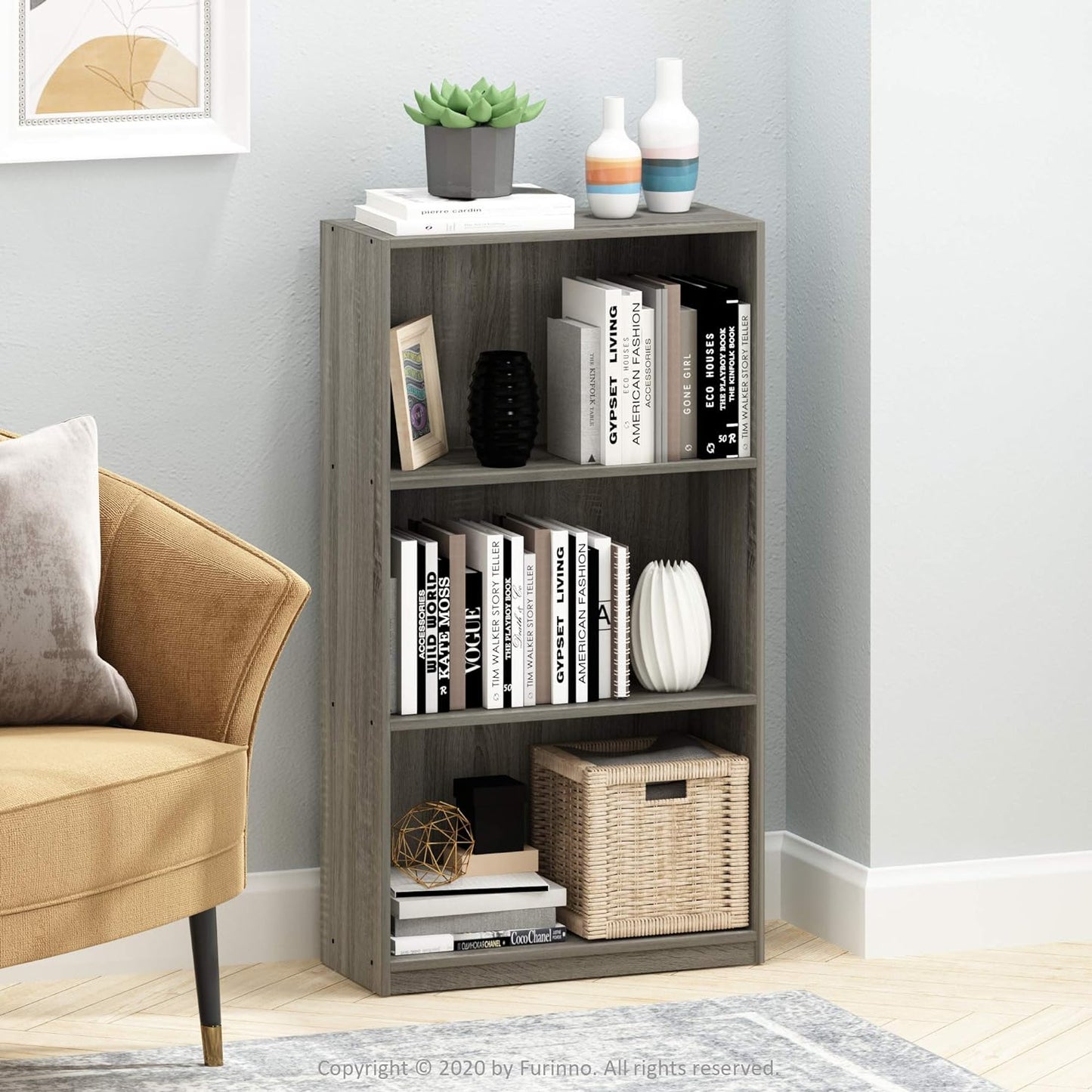 NEW - Furinno Basic 3-Tier Bookcase Storage Shelves, French Oak Grey - Retail $39
