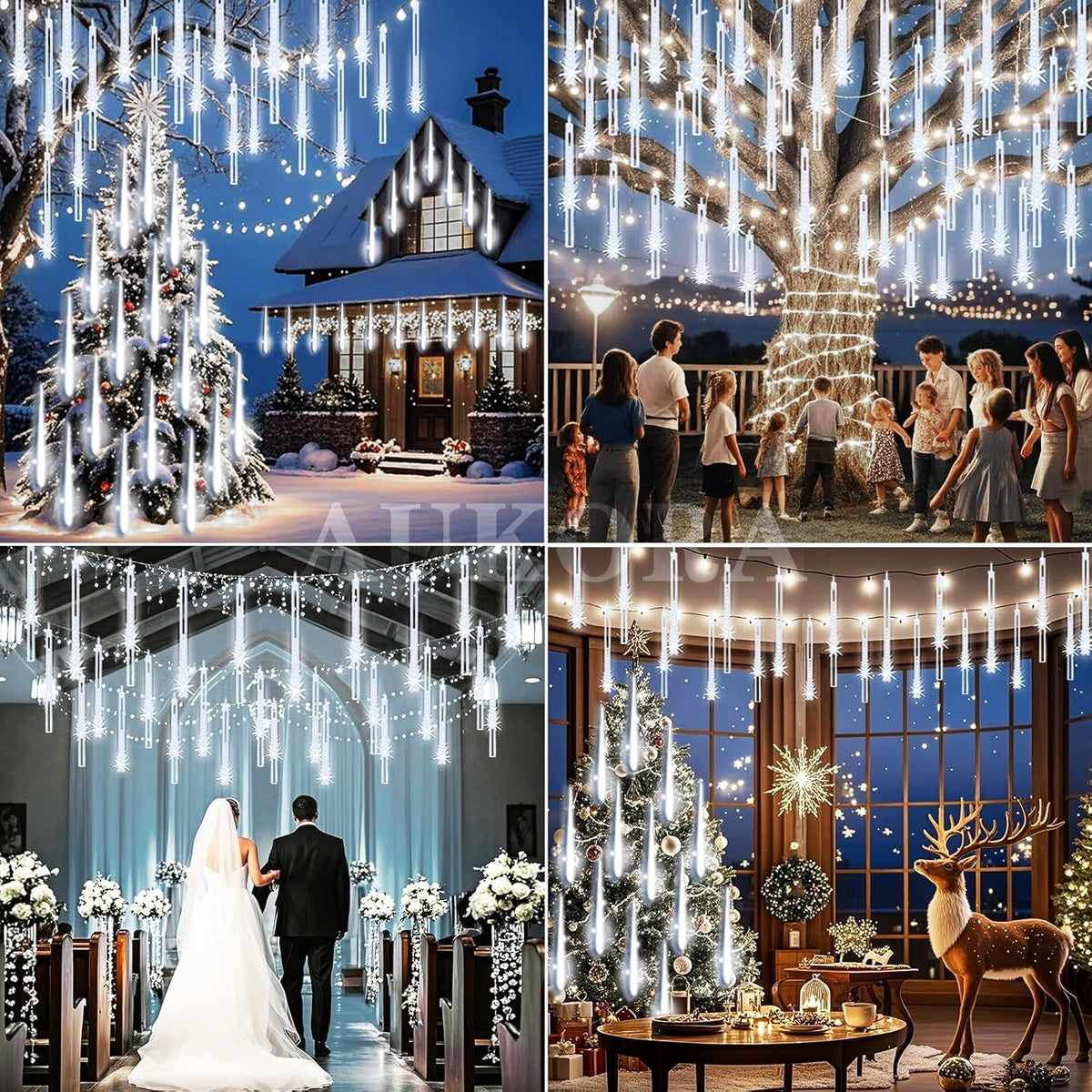 Aukora Christmas Lights Outdoor Meteor Shower Falling Rain Lights 12 inch 8 Tubes 192LED Snowfall Cascading Icicle String Light for Xmas Tree Decor Wedding Party Holiday Window Garden, UL Plug, White
