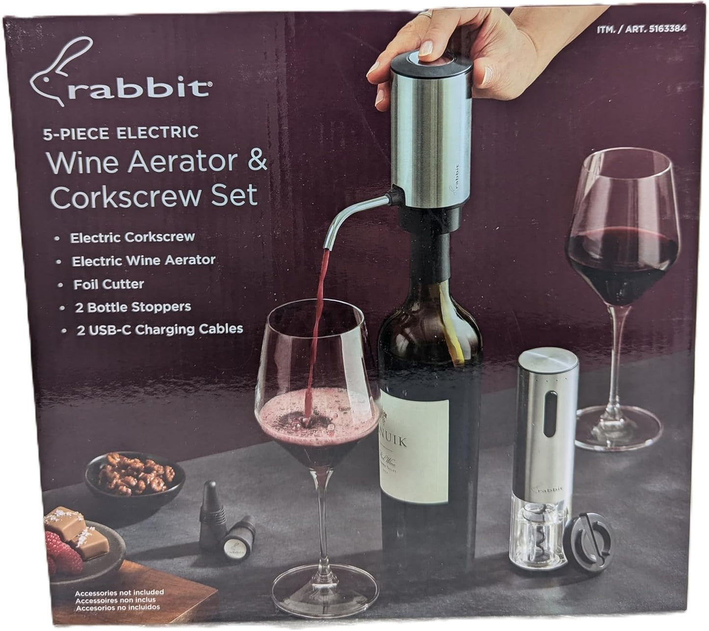 Rabbit Electric Wine Tool Set - 5-Piece Wine Accessory Collection - Aerator, Corkscrew, Cutter, Stoppers, Charging Cables - Retail $39