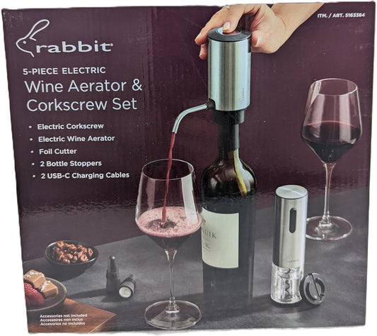 Rabbit Electric Wine Tool Set - 5-Piece Wine Accessory Collection - Aerator, Corkscrew, Cutter, Stoppers, Charging Cables - Retail $39