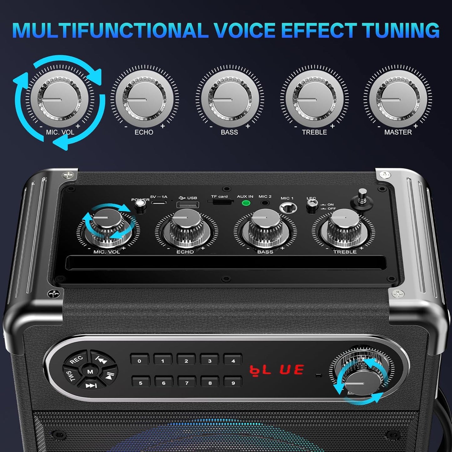 JYX Karaoke Machine, Portable Bluetooth Speaker with 2 Microphones for Adults, PA System with Bass/Treble Adjustment, Supports TF Card/USB, AUX in, FM, REC,TWS for Party-Black