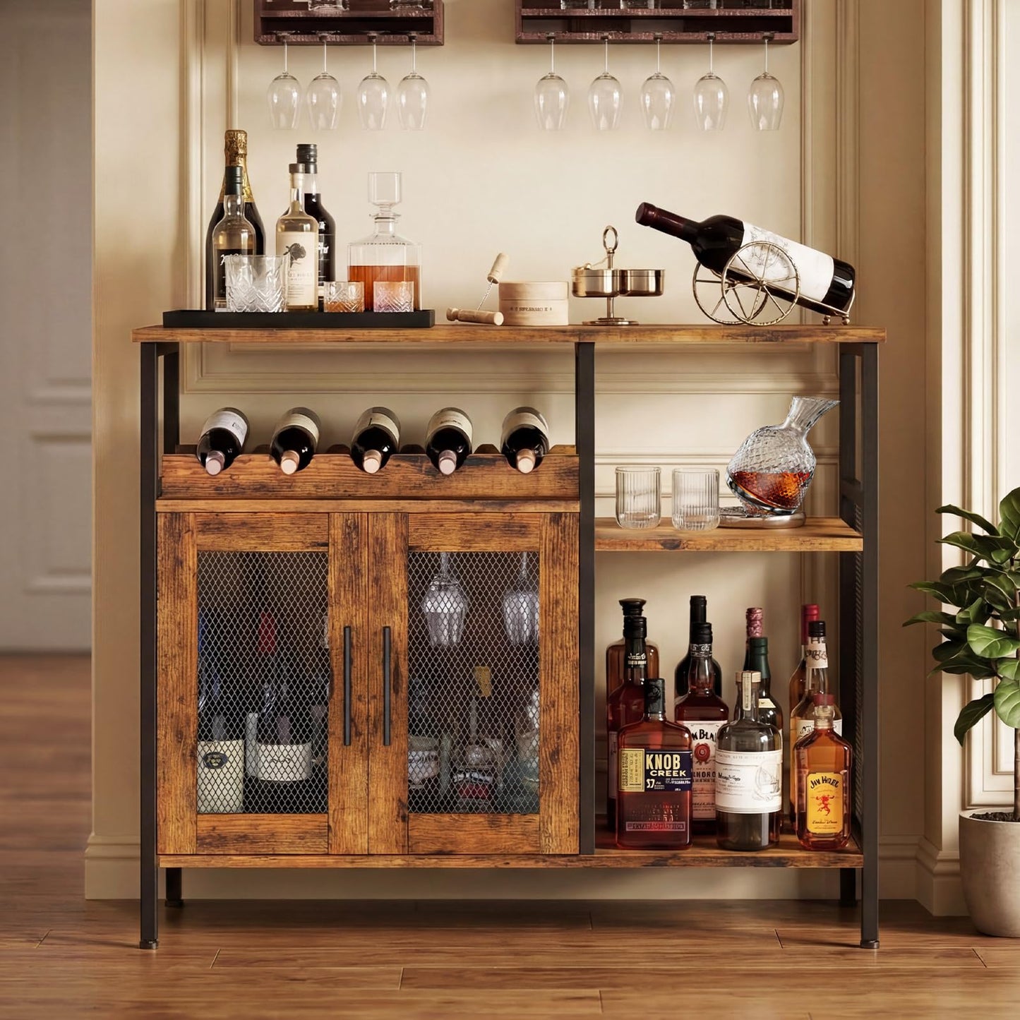 X-cosrack Wine Bar Rack Cabinet with Detachable Wine Rack, Coffee Bar Cabinet with Glass Holder, Small Sideboard and Buffet Cabinet with Mesh Door, Rustic Brown, Large