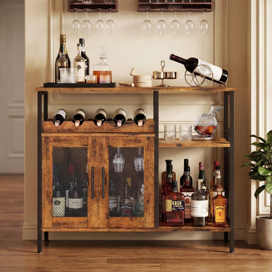 X-cosrack Wine Bar Rack Cabinet with Detachable Wine Rack, Coffee Bar Cabinet with Glass Holder, Small Sideboard and Buffet Cabinet with Mesh Door, Rustic Brown, Large