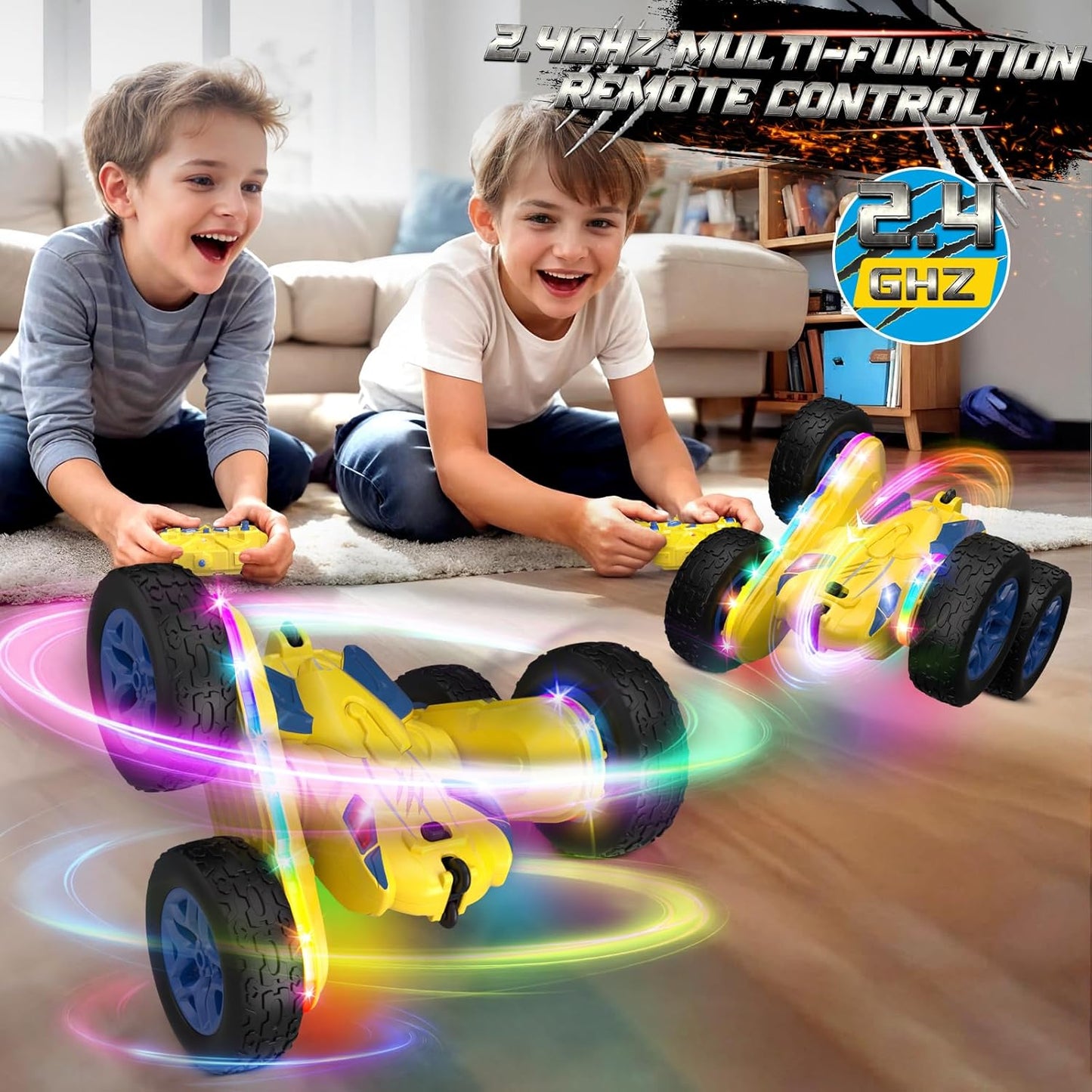 Remote Control Car,RC Cars with Sides Light Strip and Headlights,Double Sided 360 Flips Rotating RC Stunt Car,2.4Ghz All Terrain Toys for Ages 4-6 Kids Toy for Boys Girls Birthday Gift(Yellow) - Retail $20