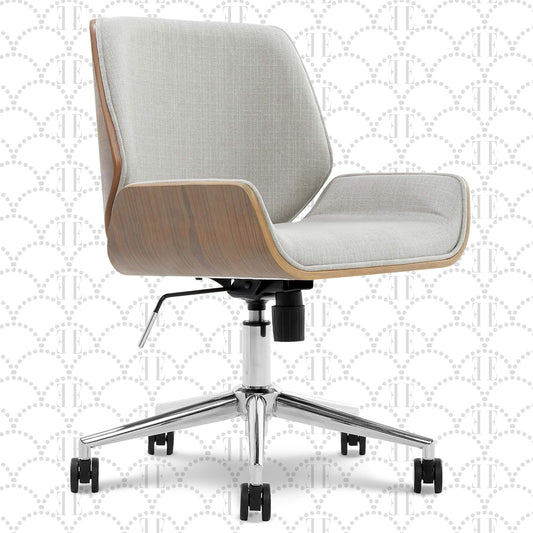 NEW - Elle Decor Ophelia Home Office Desk Chair, Mid Century Modern Bentwood Style, Ergonomic Curved Low-Back and Seat, Armless Design, Chrome Swivel Base, Upholstered in Woven Fabric, Light Gray - Retail $179